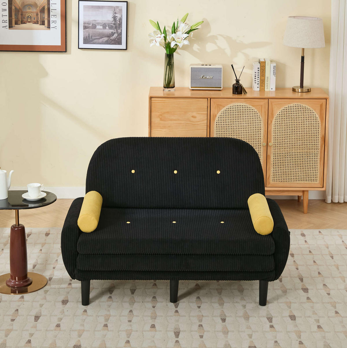 SOFA mit verstellbarer Rückenlehne Cord Schwarz inklusive 2 Kissen - Schwarz, Kunststoff (77/85/133.5cm) - Meubliv