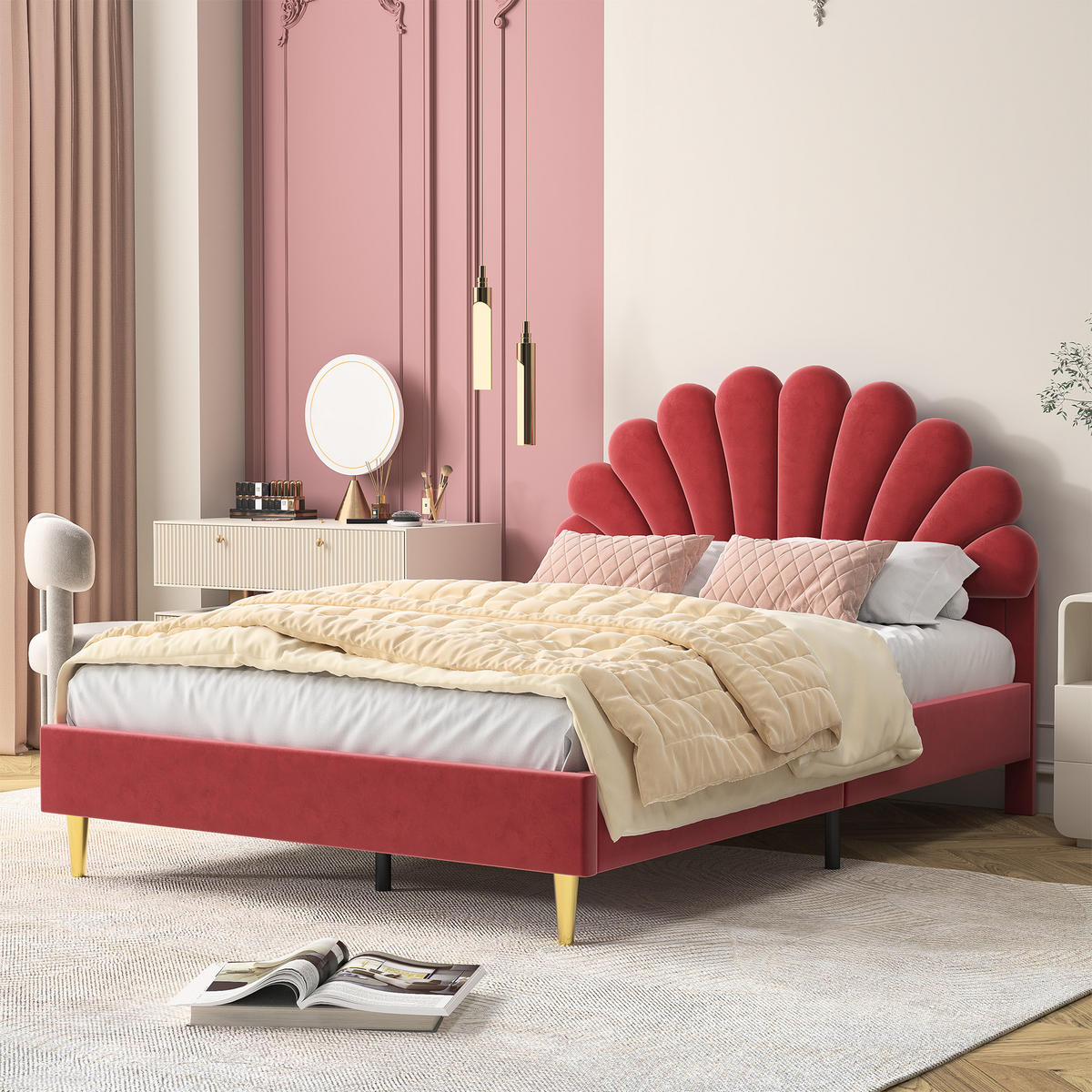 POLSTERBETT Samt 140x200 cm mit Lattenrost Bordeauxrot - Beige, Holzwerkstoff (140/200cm) - Novahome
