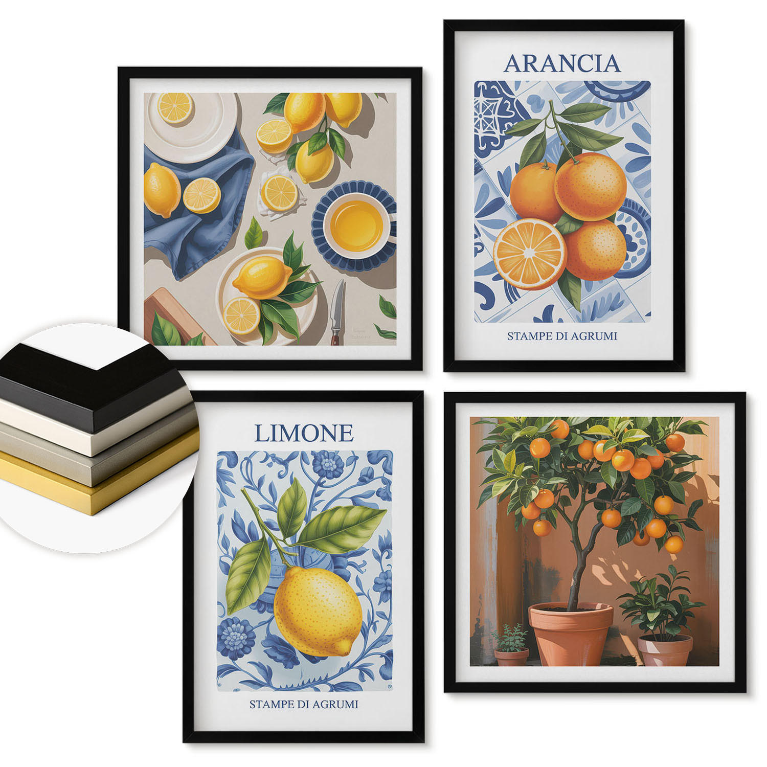 WANDBILDER 4er-Set - 50x50 cm & 40x60 cm Schwarzer Rahmen - Illustrationen von Zitrusfrüchten - Schwarz, Kunststoff (50/50cm) - ArtPrintCave