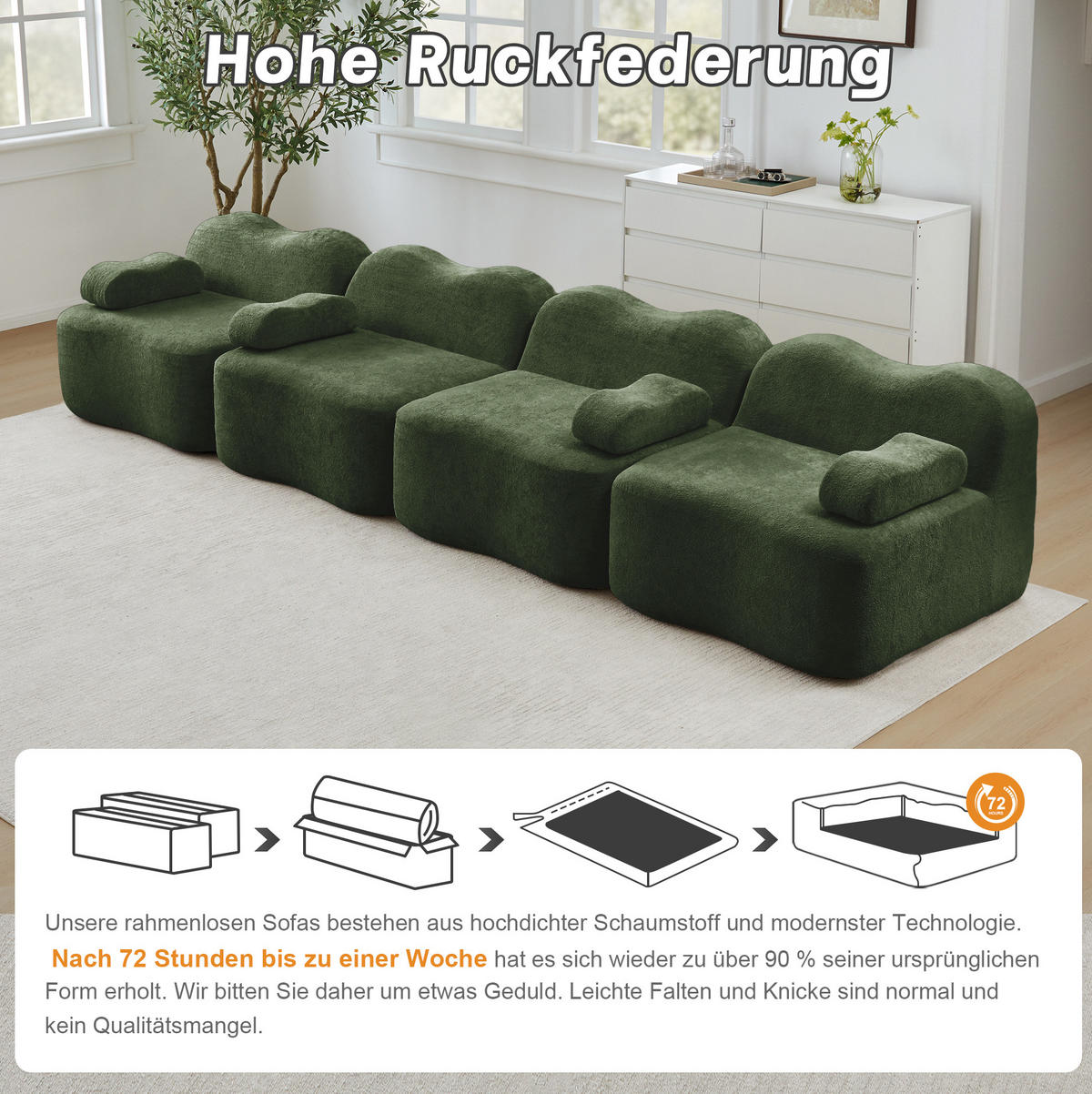 SOFA 384/98/70 cm in Grün aus Samt mit Wellenform und modularem Design - Grün, Textil (98/70/384cm) - Flora Grace