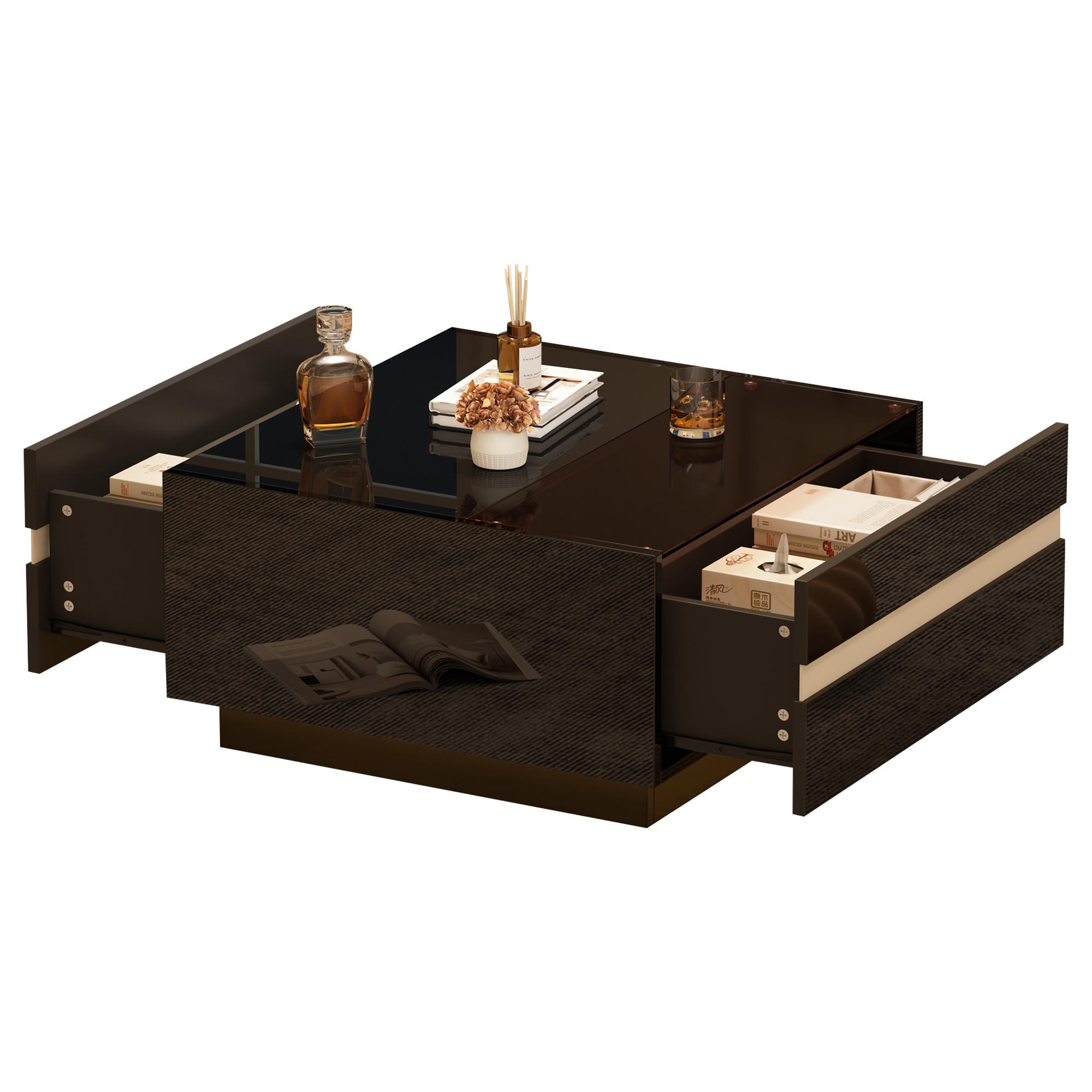 COUCHTISCH 70/70/36 cm schwarz mit 2 Schubladen und LED-Beleuchtung - Schwarz, Holzwerkstoff (70/70/36cm) - OKWISH