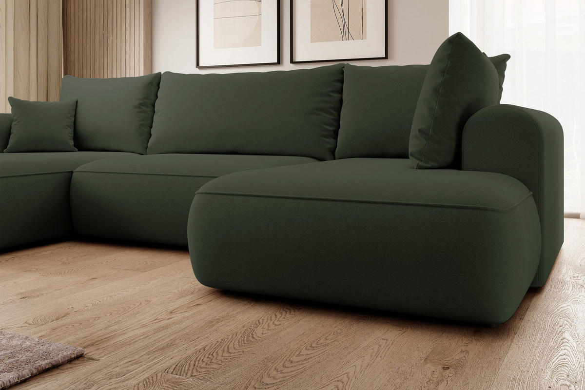 WOHNLANDSCHAFT Ovo Olivgrün Velours - Schwarz/Olivgrün, Textil (380/95/167cm) - Selsey