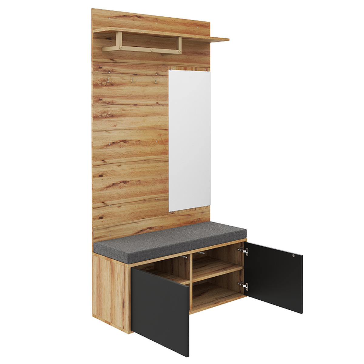 KLEIDERSCHRANKSET Kompakt Spiegel Kissen Garderobenpaneele Flur modern - Schwarz, Holzwerkstoff (38/190/100cm) - FLIEKS