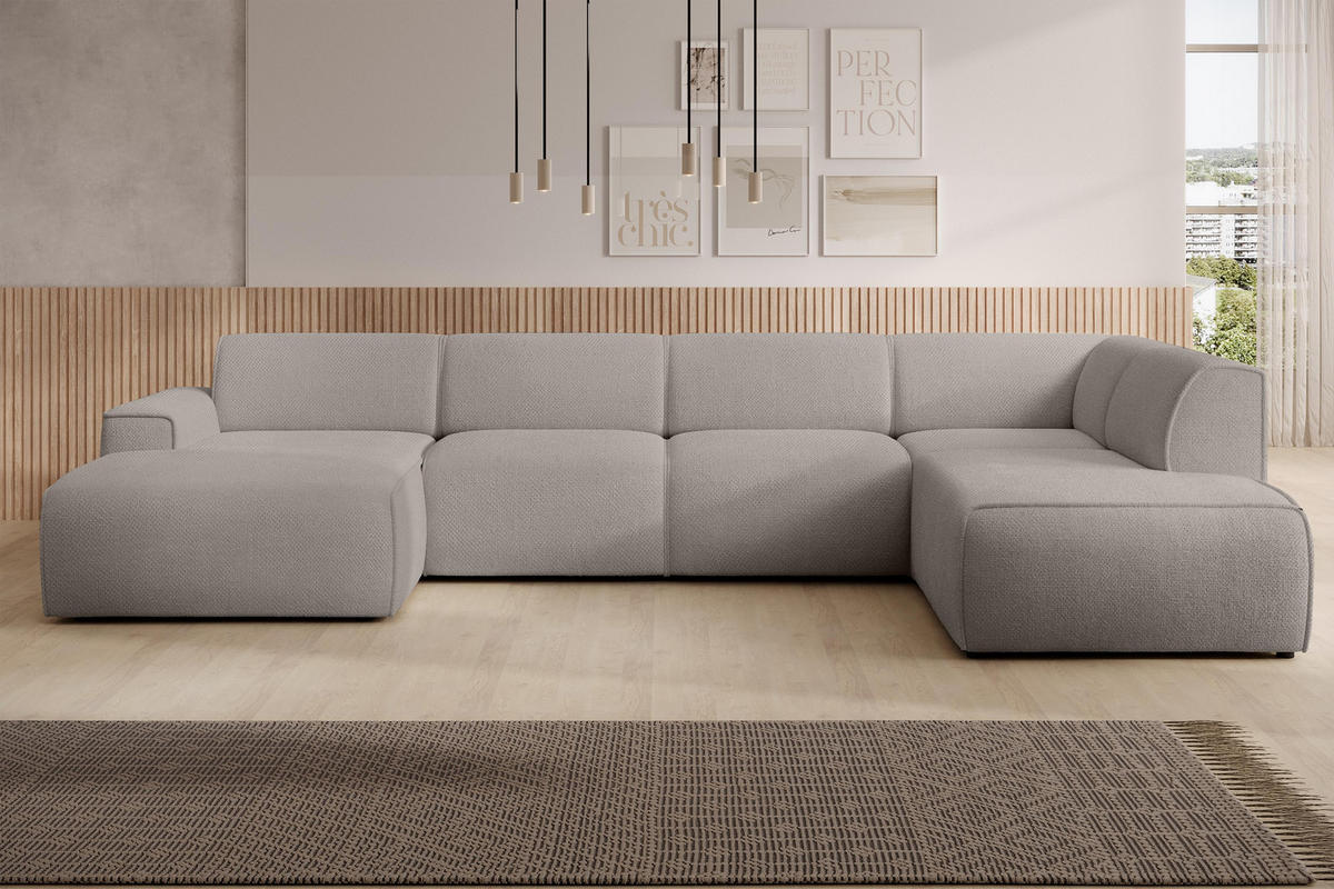 WOHNLANDSCHAFT Didim Beige 378/220/78 cm – großes Sofa stilvoll & bequem R - Beige/Schwarz, Kunststoff/Textil (378/78/220cm) - AX Living