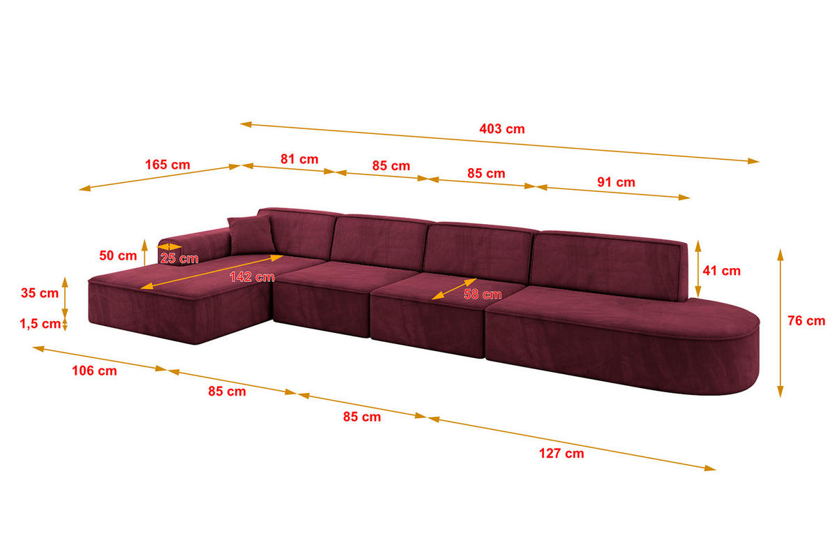ECKSOFA Ottomane Links IREA-L3-v3 - 403x165x76 cm Bordeauxrot - Bordeaux, Holzwerkstoff/Textil (403/165cm) - ALTDECOR