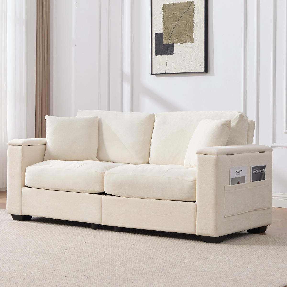 SOFA s 2 sjedala u bež boji sa spremnikom u naslonima za ruke, od šenila - bež/crna, drvni materijal/tekstil (180/84/81.5cm) - CHICFURN