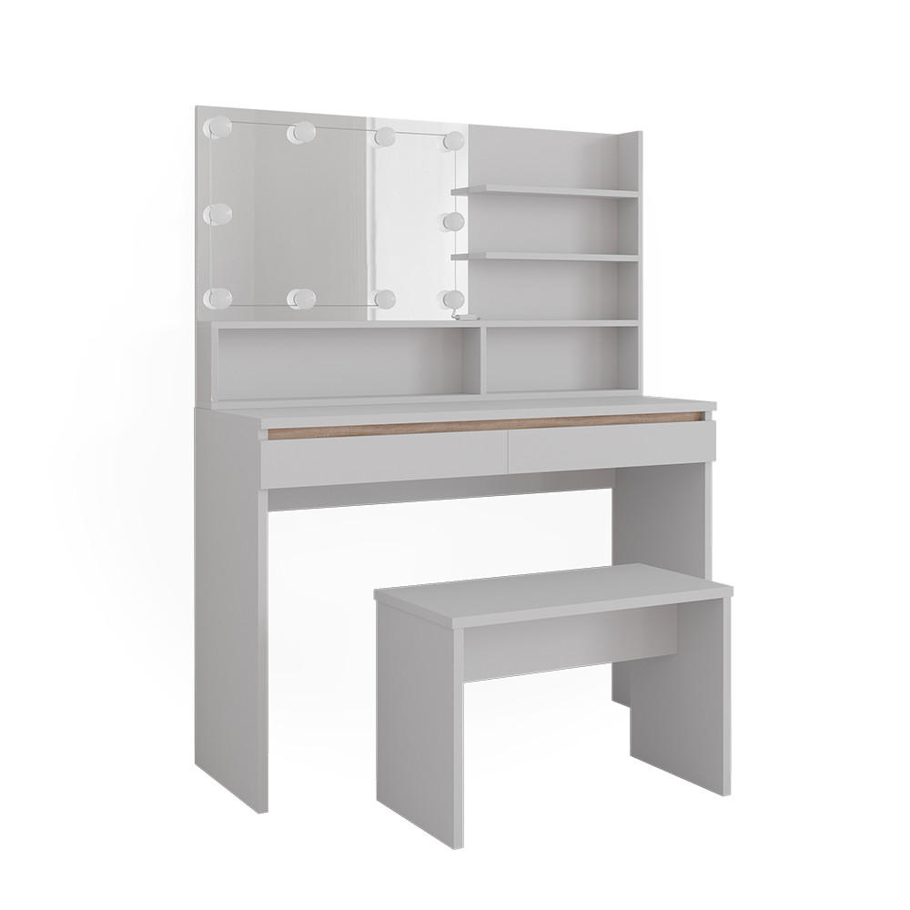 SCHMINKTISCH Emma Weiß 120 cm mit Spiegelregal, Bank & LED-Beleuchtung - Weiß, Holzwerkstoff (120/83/41.8cm) - Vicco