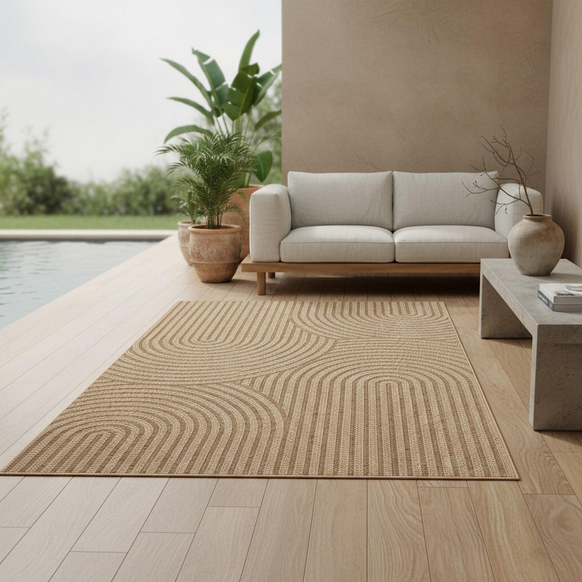 TEPPICH In-/Outdoor Jute-Optik Flachgewebe Grobe Linien Polypropylen Beige Läufer 80x250 - Beige, Textil (80/250cm) - KADIMA DESIGN