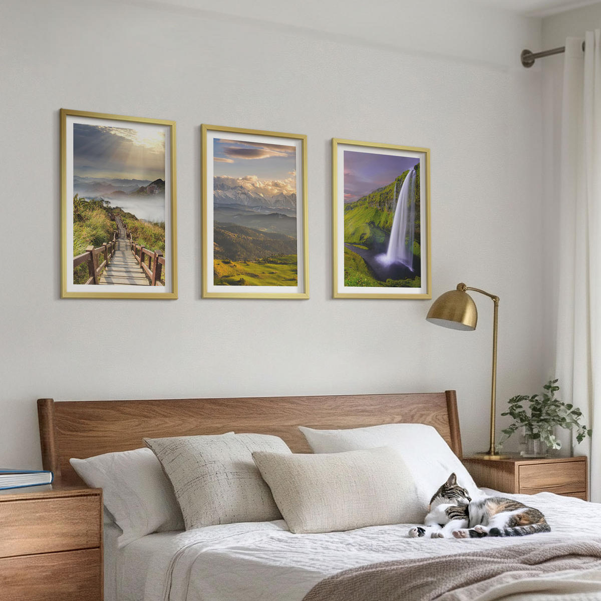 WANDBILDER 3er Set - 40x60 cm Goldrahmen - Berglandschaften Wasserfall - Goldfarben, Kunststoff (40/60cm) - ArtPrintCave