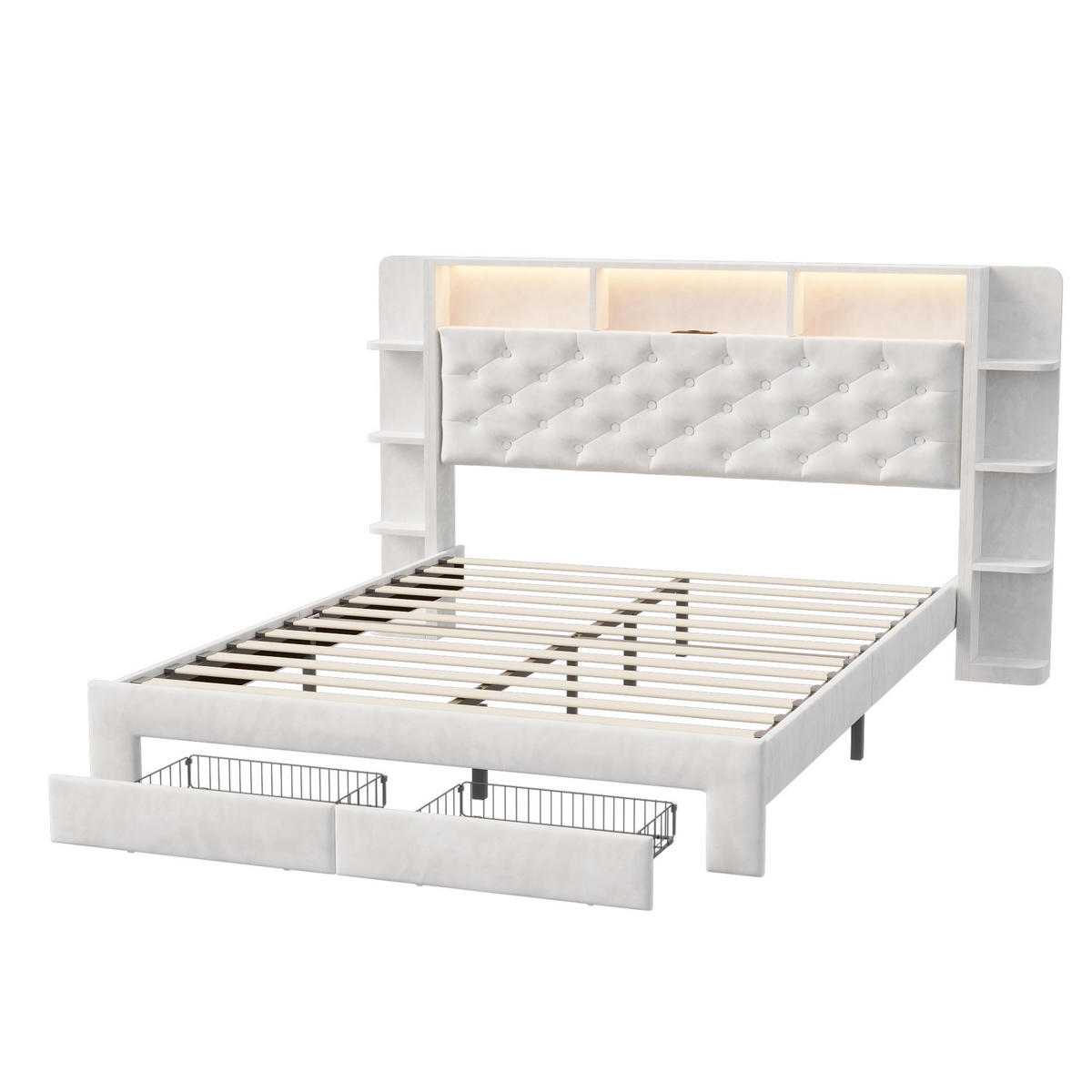 POLSTERBETT 160x200 Cm Velours Mit LED, USB & 2 Schubladen Weiß - Weiß, Holz (160/200cm)