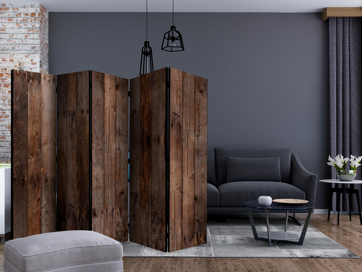 PARAVENT Beidseitig Bedruckter 5-tlg 225x172 cm Holzbrett Optik - Braun, Holz/Textil (225/172/3cm) - Muralo