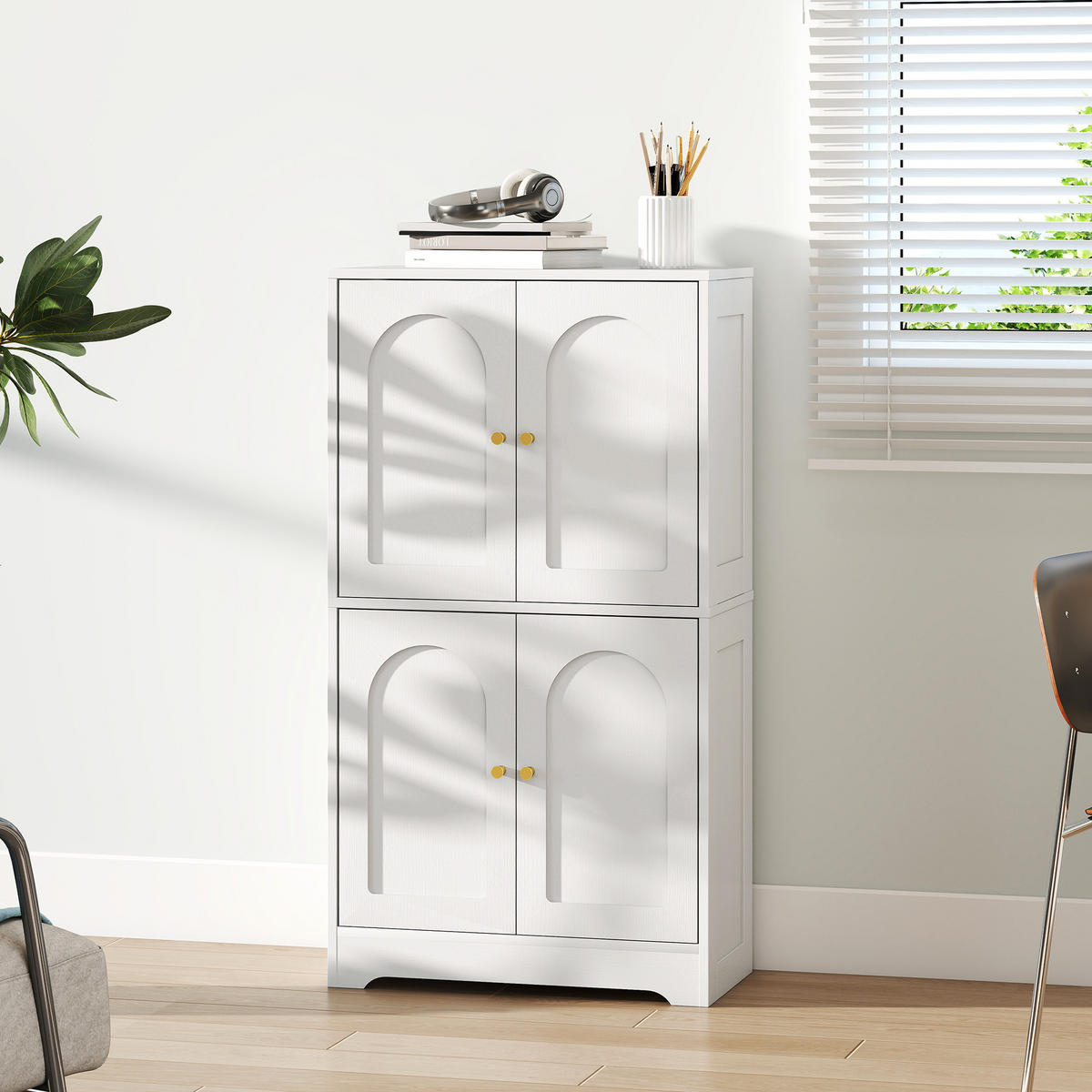 HIGHBOARD DE-11187 4 gebogene Türen & verstellbare Böden Weiß - Weiß, Holzwerkstoff (30/110/60cm) - ComfortXL