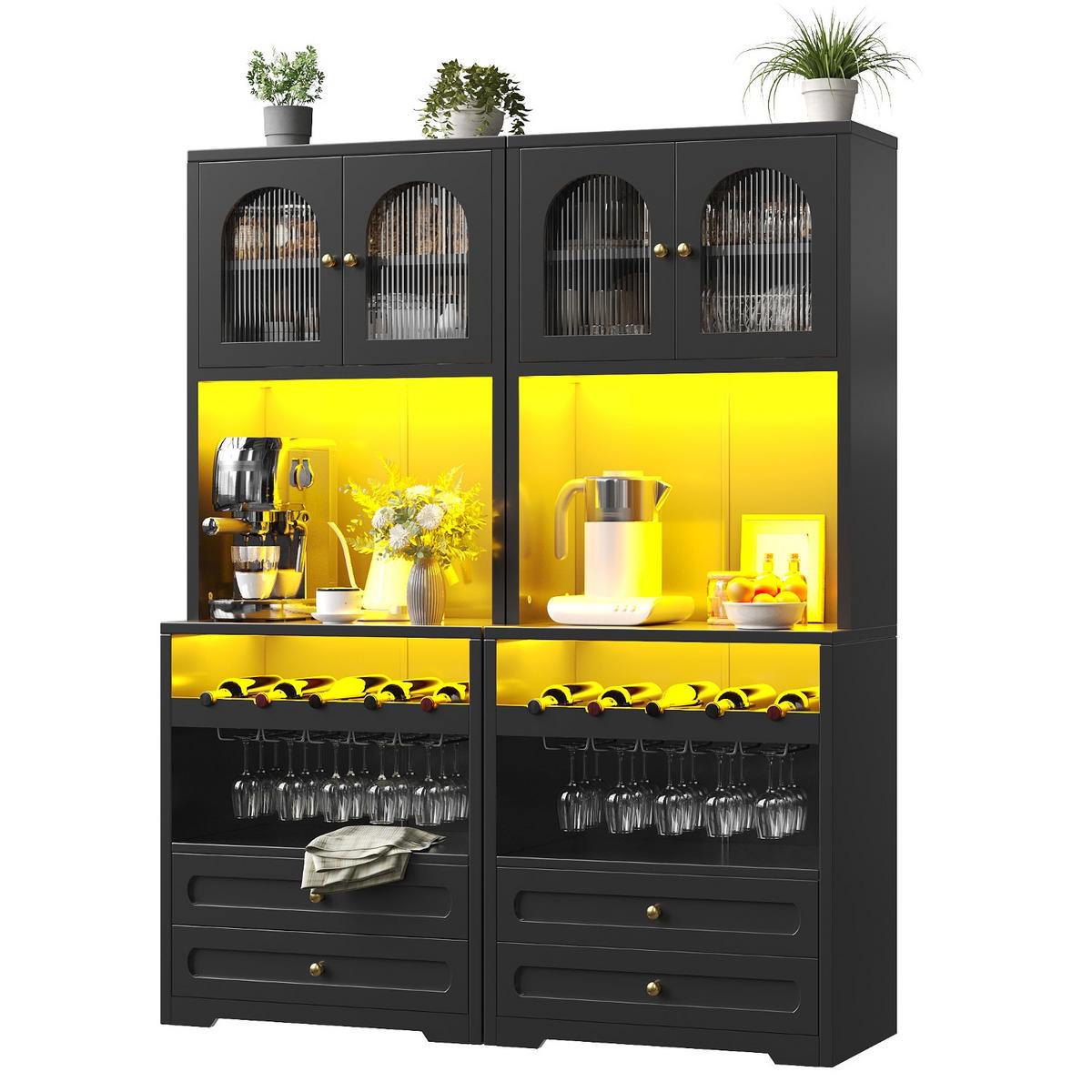 KÜCHENSCHRANKSCHWARZ mit gewölbten Glastüren, 140/180/40 cm, MDF und Metall, MIT SMARTER LED-BELEUCHTUNG, für Wohnzimmer und Esszimmer - Schwarz, Holzwerkstoff (40/180/140cm) - Rolipo