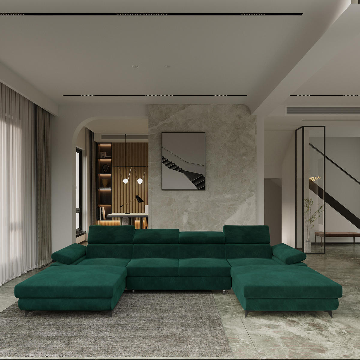 ROHOVÁ SEDAČKA DETTI zelená barva - černá/zelená barva, kov/dřevo (339/190cm) - MASSENO