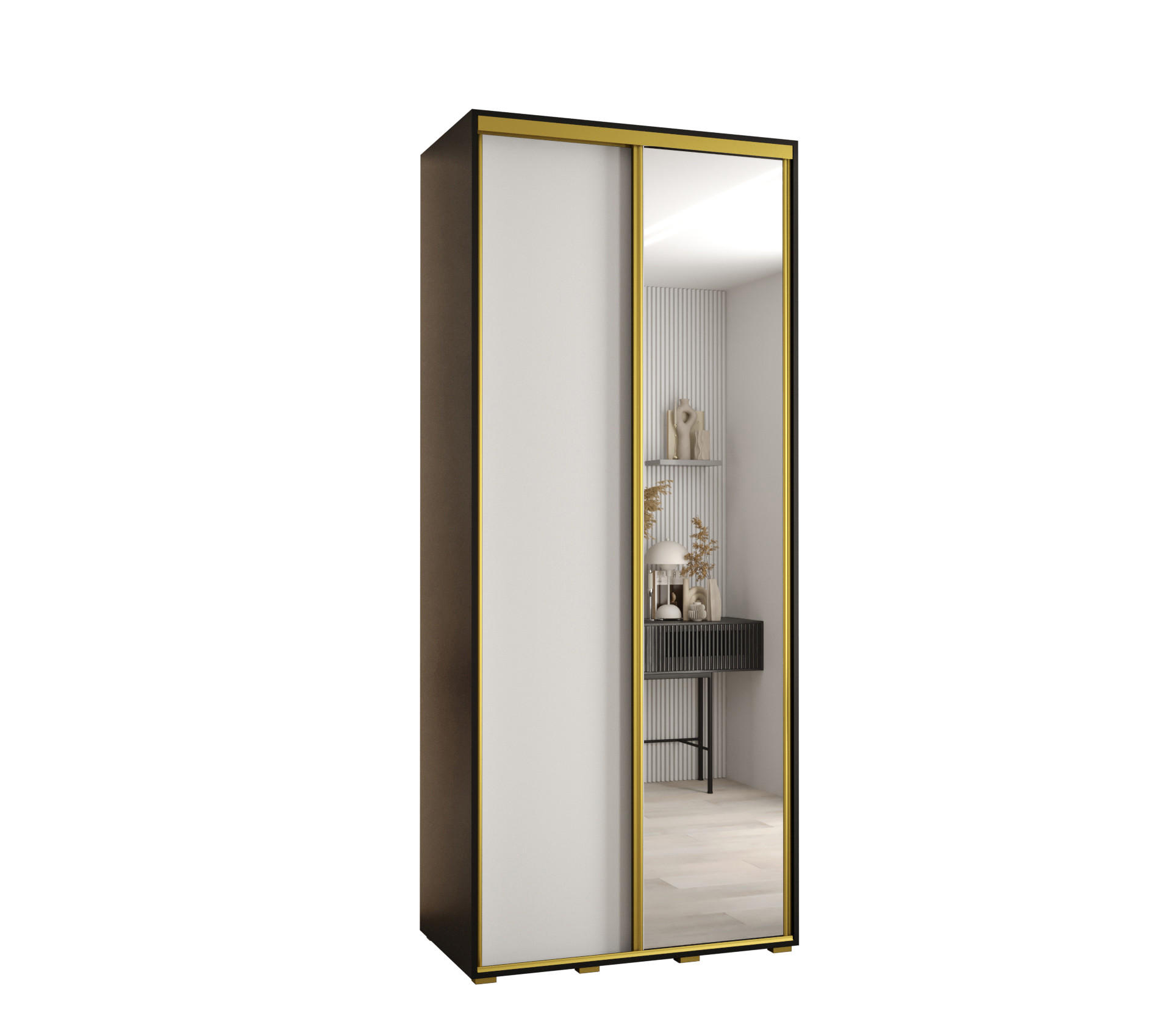Abiks Möbel Schwebetürenschrank Schwarz, Weiß, Gold 100x235x60 cm