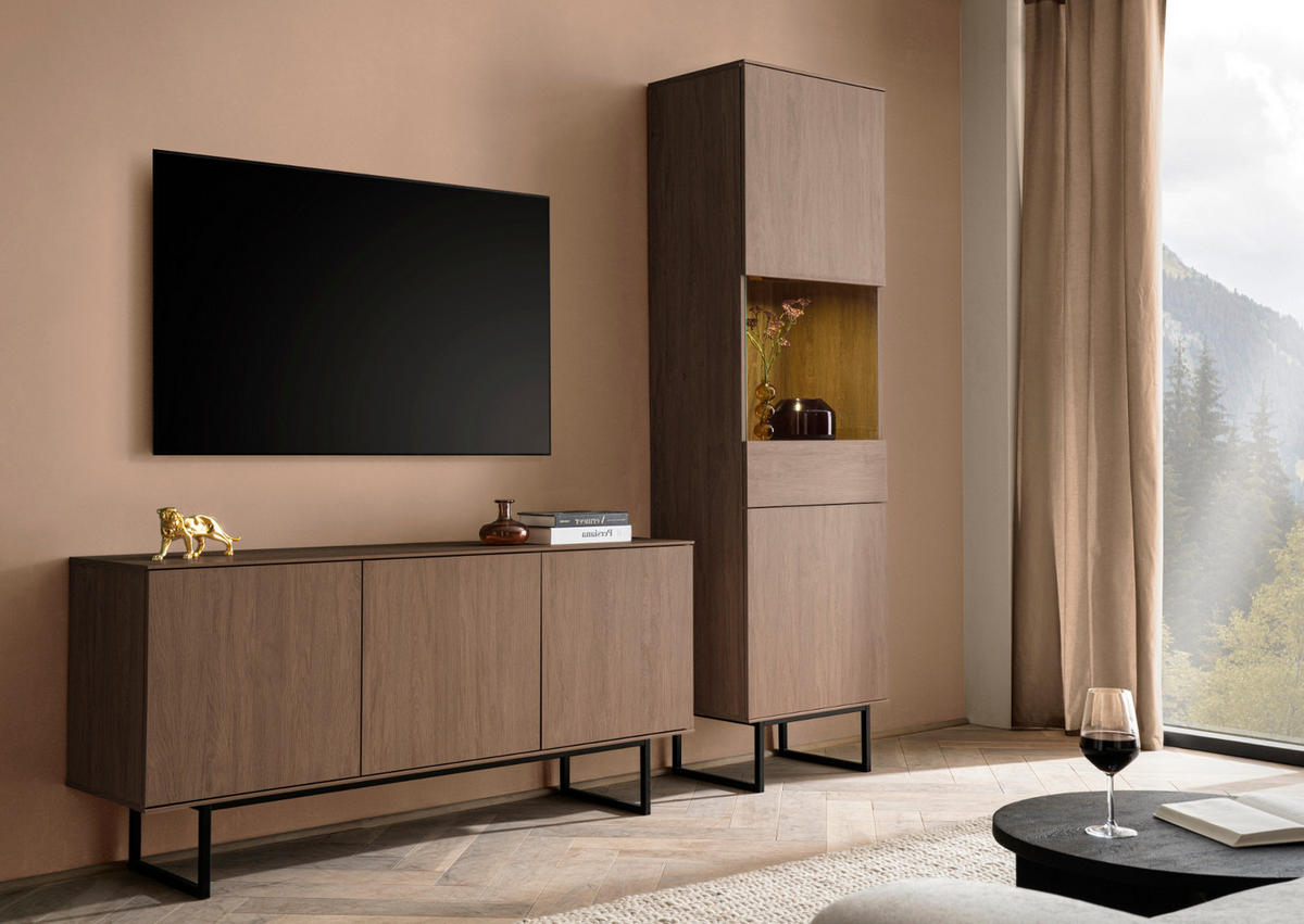 TV-LOWBOARD Nussbaum 150 x 70 cm, TV Unterteil mit Push-to-Open und Komforthöhe - Nussbaumfarben/Schwarz, Holzwerkstoff/Metall (150/70/40cm) - Furn.Design