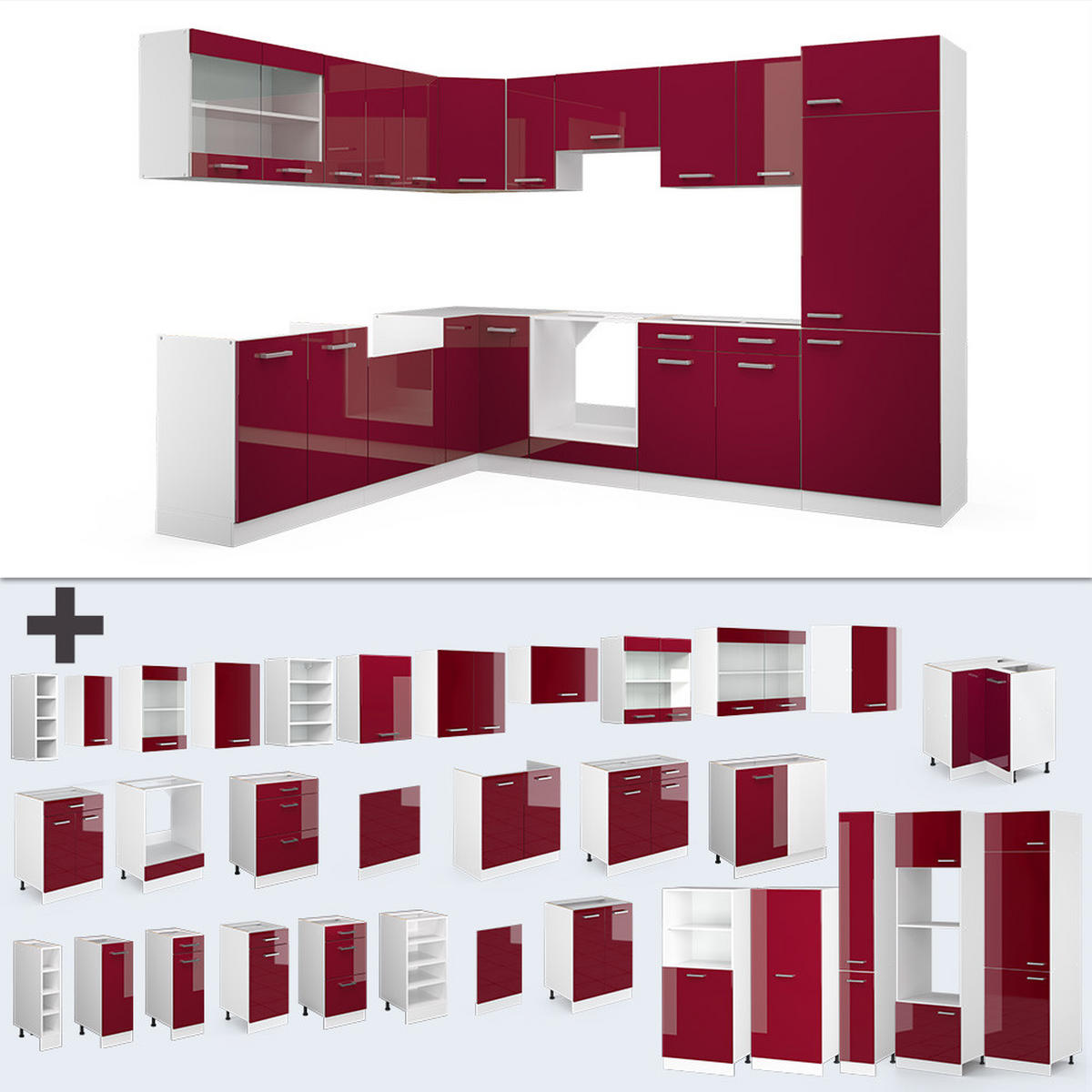 ECKKÜCHE R-Line Rot Hochglanz/Weiß 287 x 46 cm ohne Arbeitsplatte - Rot/Weiß, Holzwerkstoff (287/81.6/46cm) - Vicco