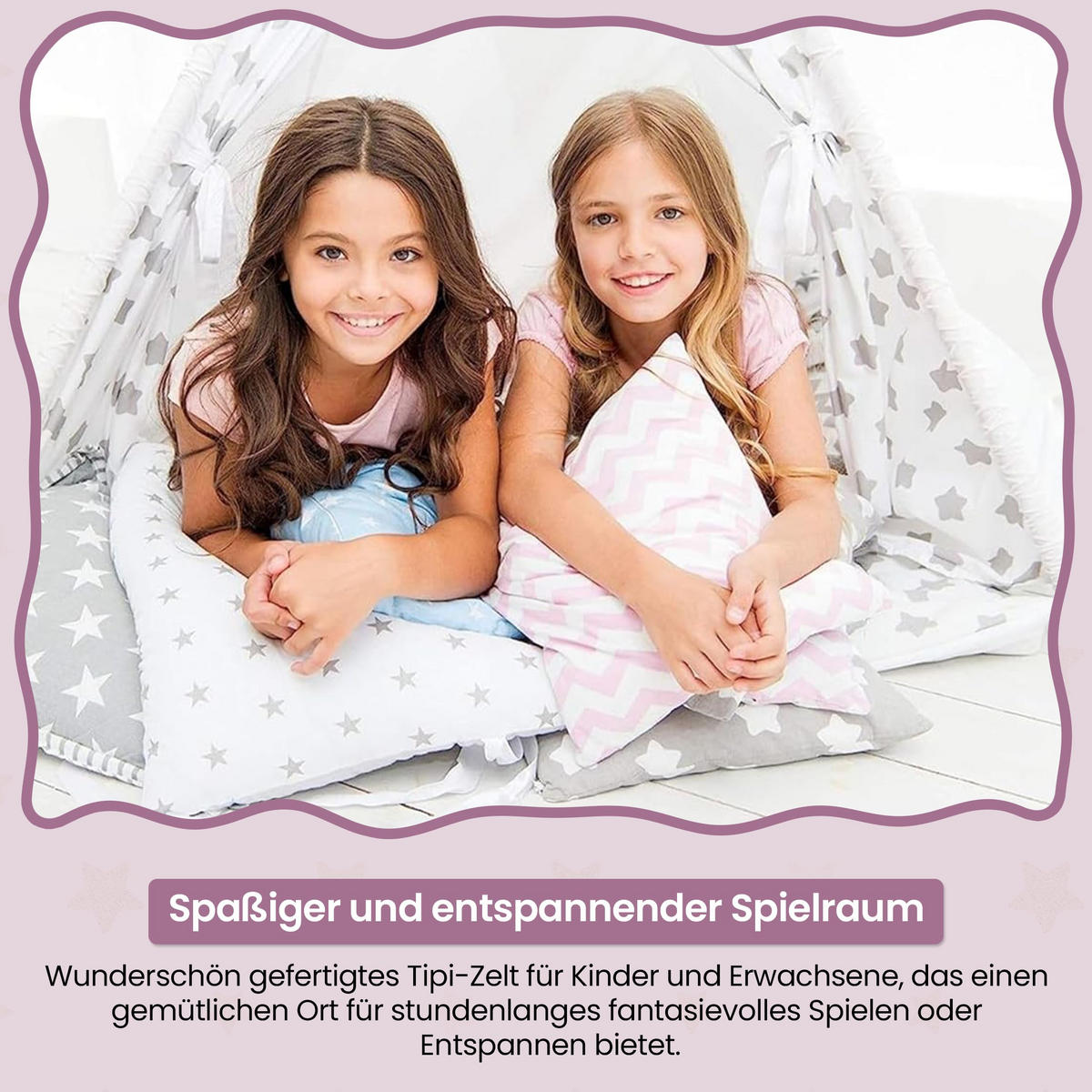 TIPI-ZELT 105 x 105 x 140 cm Zickzack rosa mit weichen Kissen | Spielzelt für Kinderzimmer Indoor - Pink, Textil (105/105cm) - Best for Kids