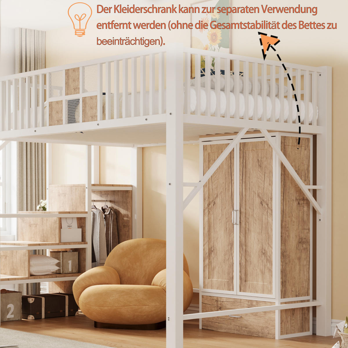 HOCHBETT 140/200 cm in Weiß aus Metall und Holz mit Kleiderschrank, Schublade und Aufbewahrungsleiter - Weiß, Holzwerkstoff/Metall (140/200cm) - WISHDOR
