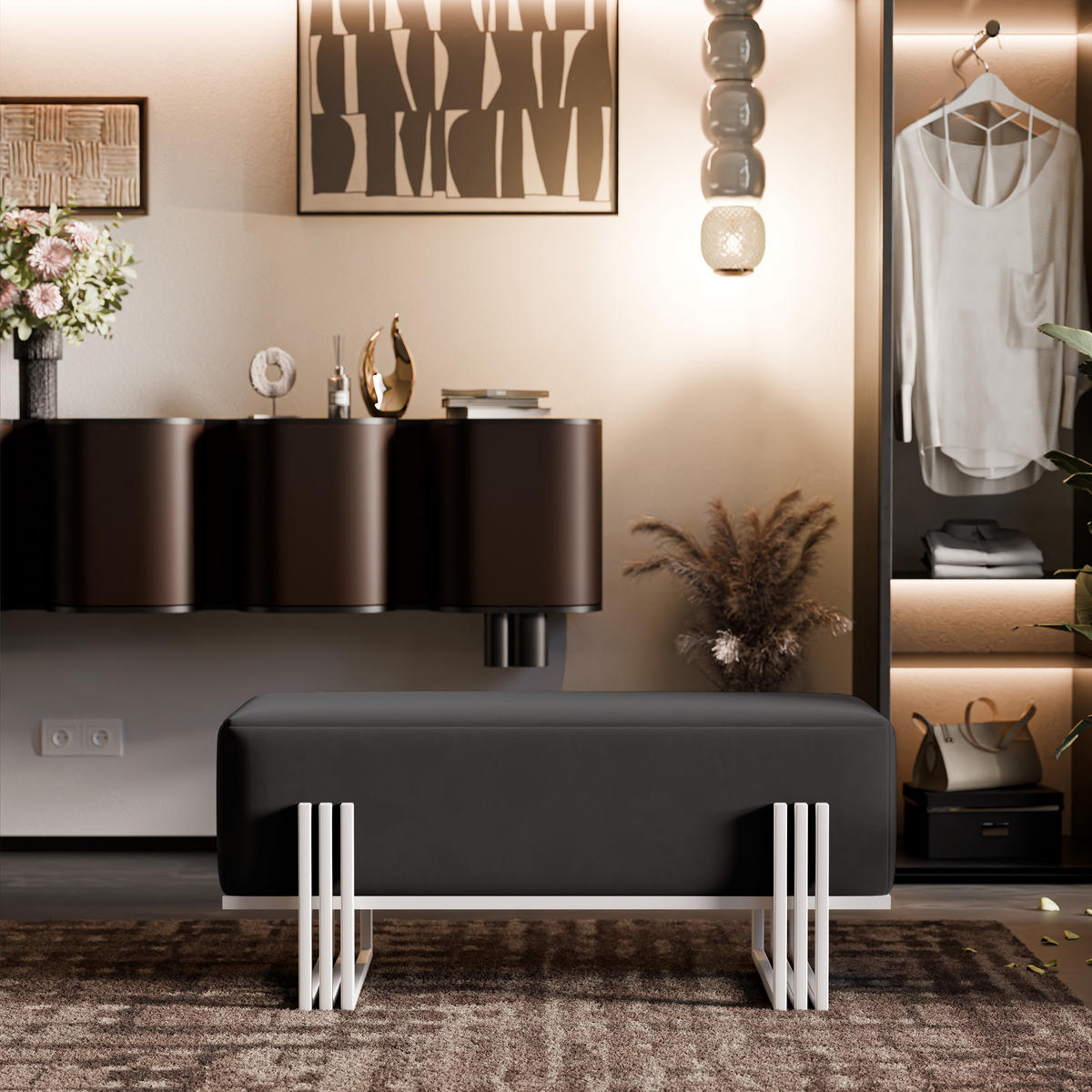 POLSTERBANK TEO 80 cm Weiß / Schwarz ,Metallgestell - Schwarz, Metall (80/47/35cm) - Idohome