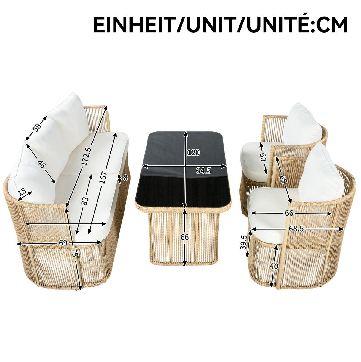 GARTENMÖBEL-SET 172,5/69/75 cm mit 3-Sitzer-Sofa, 2 Sesseln und Glastisch aus PE-Rattan, Beige/Schwarz/Weiß - Beige, Metall - Redom