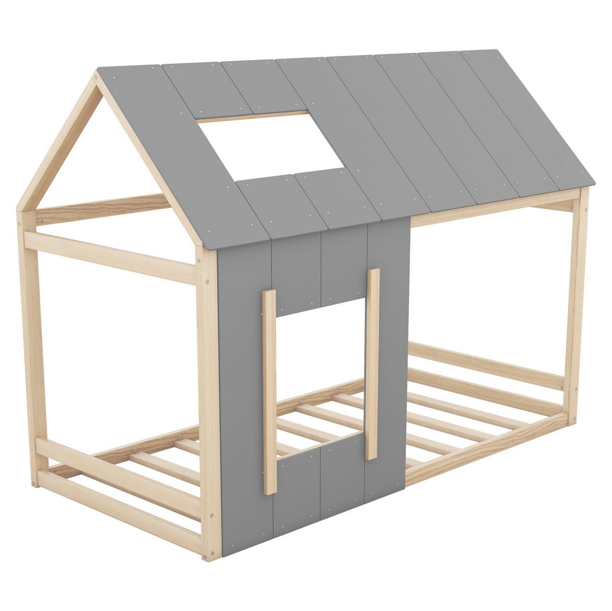 HAUSBETT 90/200 cm Hausform in Natur + Grau - Grau, Holz (90/200cm) - OKWISH