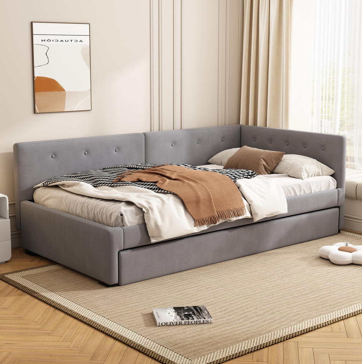 TAGESBETT 90/200 cm mit ausziehbarem Rollbett, Samtbezug und Lattenrost, Grau - Grau, Textil (90/200cm) - Redom