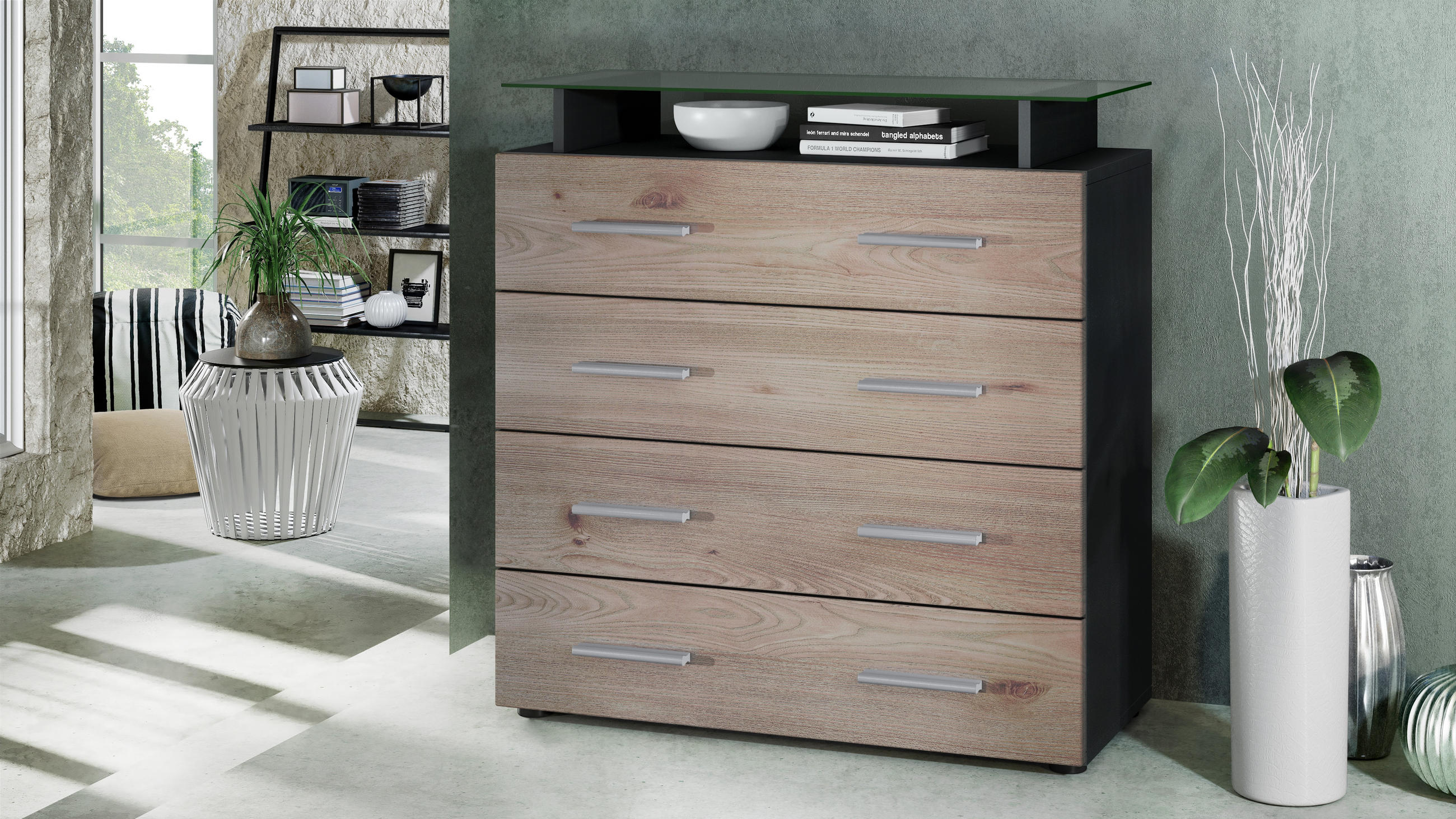 KOMMODE Pavos Eiche Nordic - Silbereichenfarben, Holzwerkstoff (76/81/35cm) - Vladon