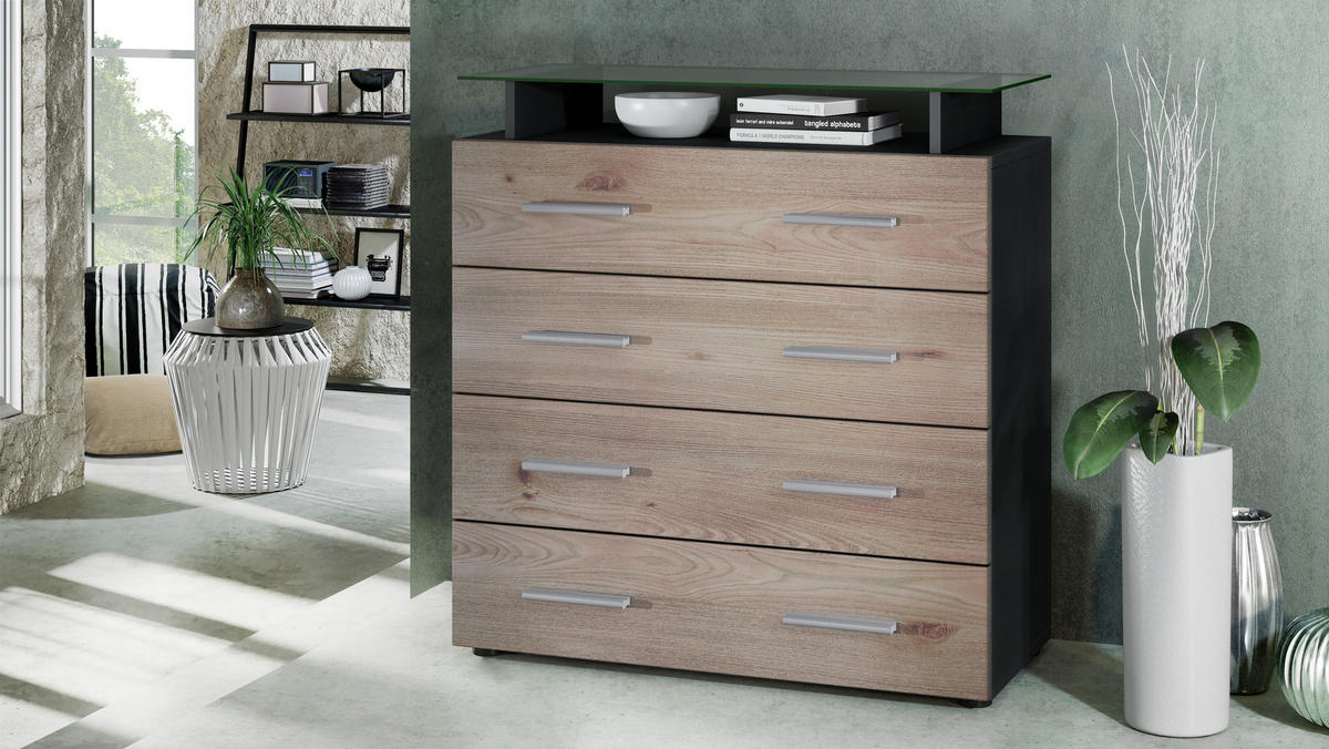 KOMMODE Pavos Eiche Nordic - Silbereichenfarben, Holzwerkstoff (76/81/35cm) - Vladon