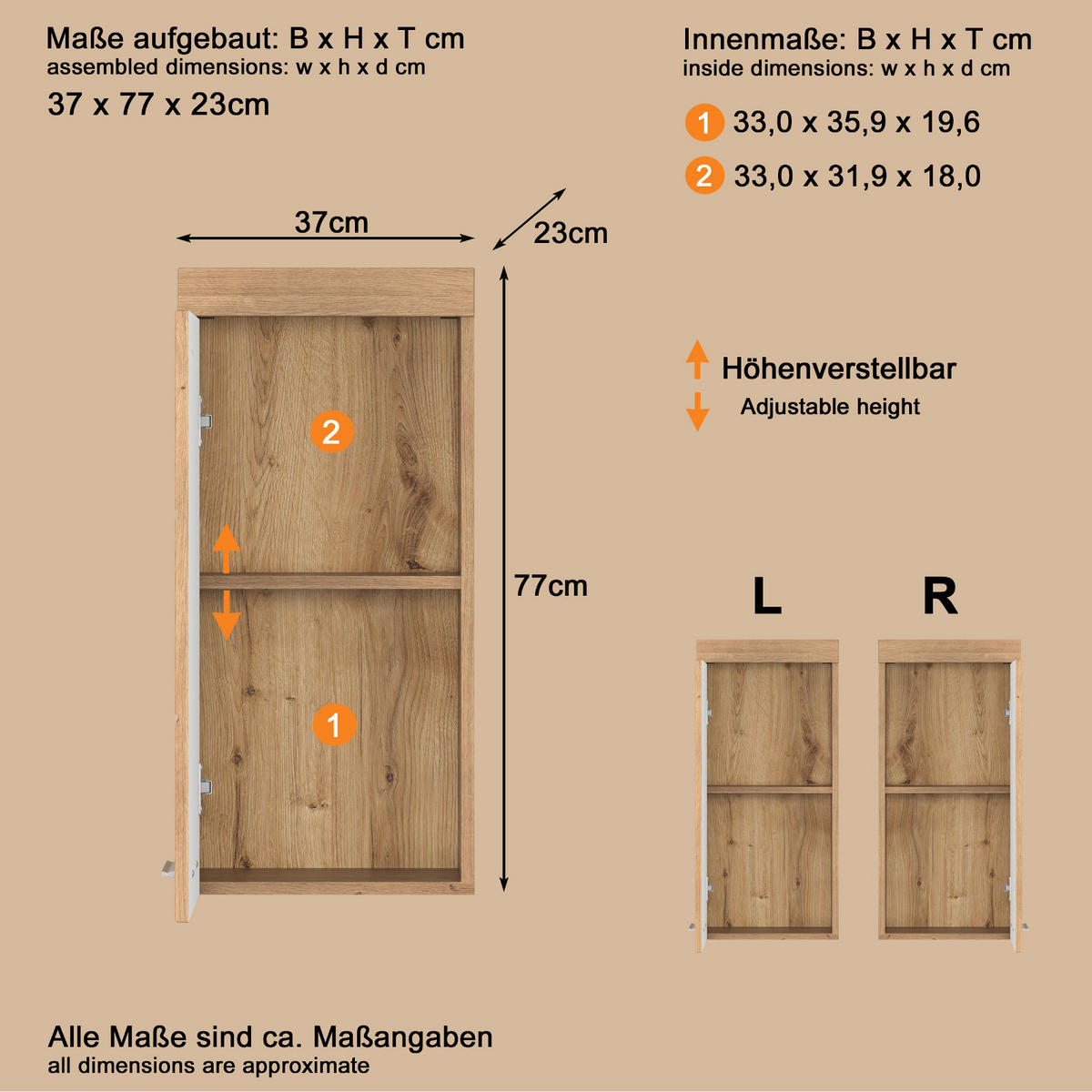 HÄNGESCHRANK Asteiche 37 x 77 cm, Badschrank hängend - Eichefarben, Holzwerkstoff/Kunststoff (37/77/23cm) - Top.Furn