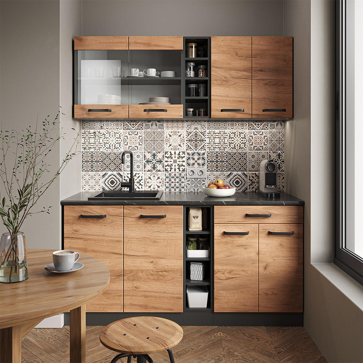 SINGLEKÜCHE R-Line Goldkraft Eiche/Anthrazit 160 cm ohne AP - Anthrazit/Eiche Wotan, Holzwerkstoff (160/81.6/46cm) - Vicco