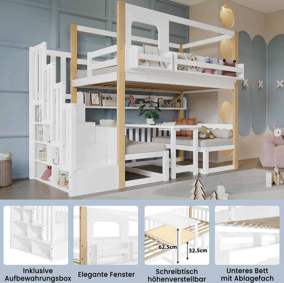 ETAGENBETT aus Kiefer und MDF 90x200 cm Weiß/Natur mit Klapptisch, Aufbewahrungstreppe und Bücherregal - Weiß, Holzwerkstoff (90/200cm) - Modfu