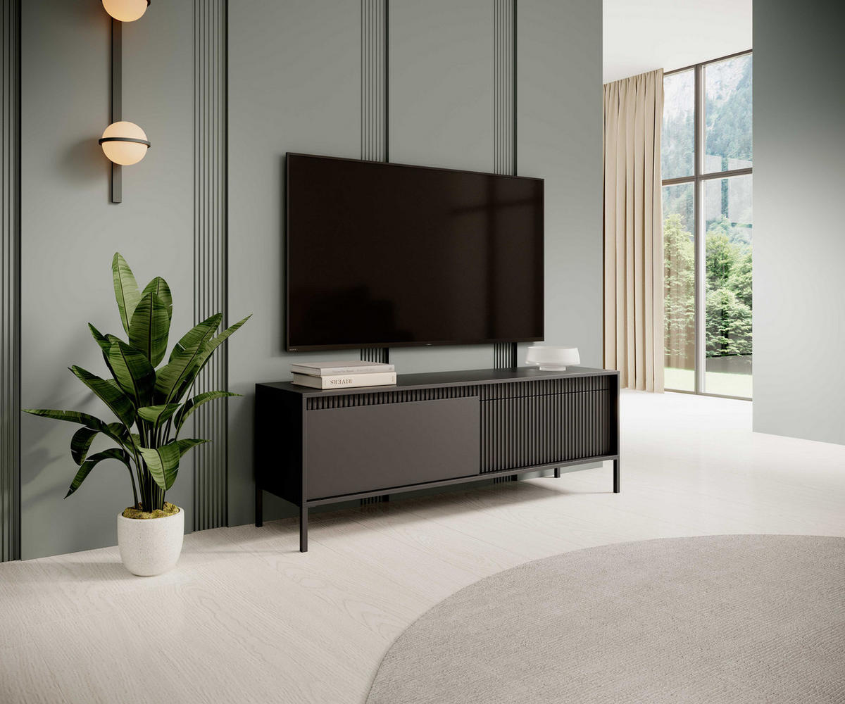 TV LOWBOARD SENSO Geriffelte MDF-Fronten, Push-to-Open, Metallbeine, 153x53,4x39,5 cm, Schwarz - Schwarz, Holz/Holzwerkstoff (154/54/40cm) - DomoHome
