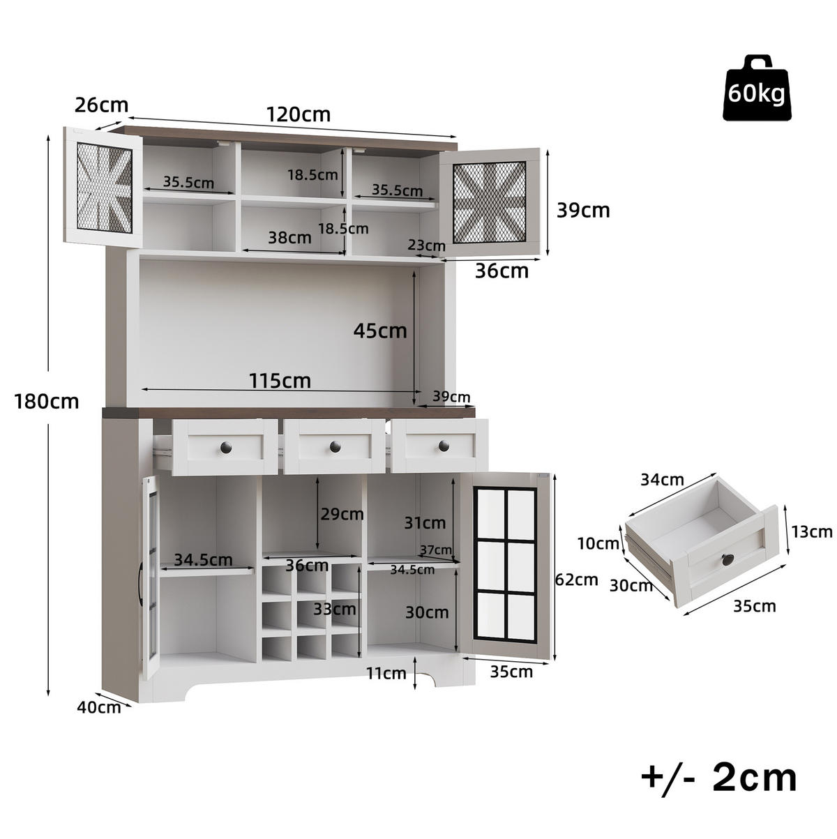 BUFFET 120/180/40 cm Weiß aus MDF und Glas mit LED-Beleuchtung - Weiß, Holzwerkstoff (40/180/120cm) - OKMYHOME