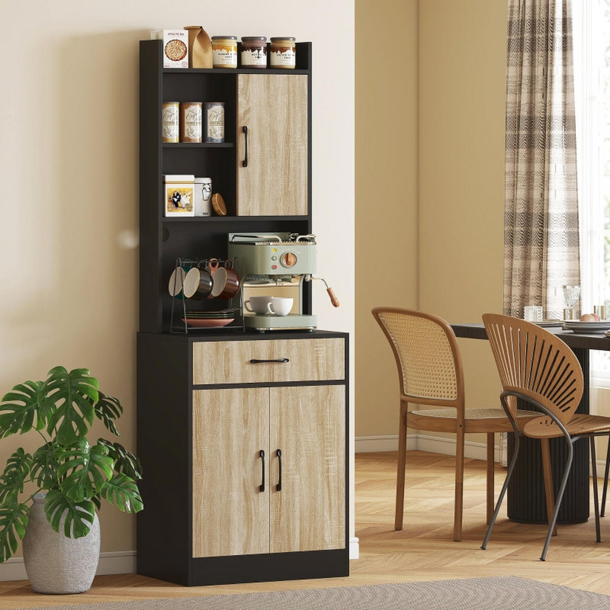 SIDEBOARD Arbeitsplatte, Schublade, offene Regale, Natur-Schwarz - Schwarz, Holz (60/180/40cm)