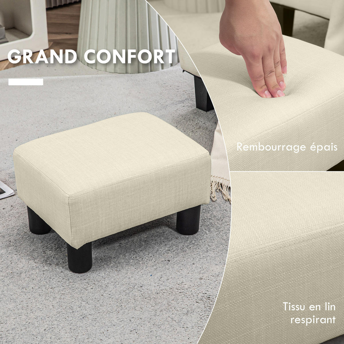 POUF DE-16425 gepolstert mit Leinenbezug Beige - Beige, Textil (30/24/40cm) - ComfortXL