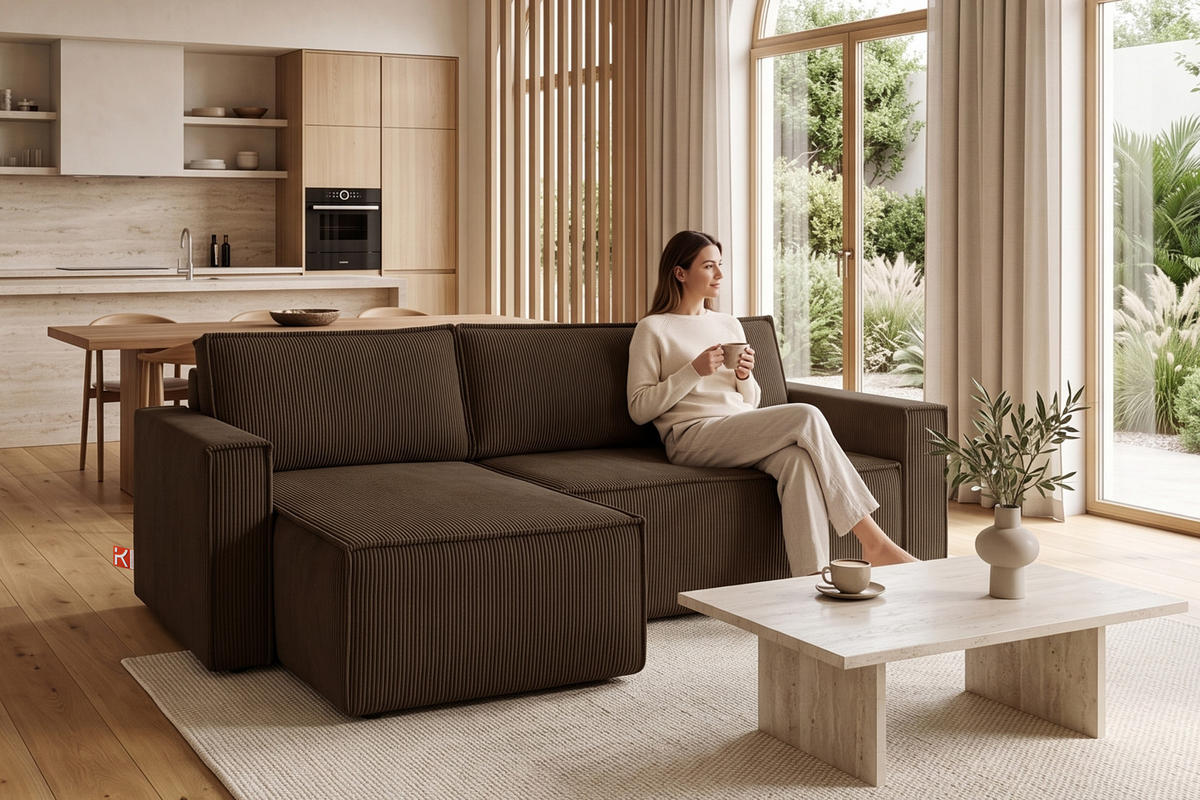 ECKSOFA-LINKS/RECHTS NAPI Schlaffunktion mit Cordbezug, dunkelbraun - Dunkelbraun/Schwarz, Textil (246/148cm) - KONSIMO®