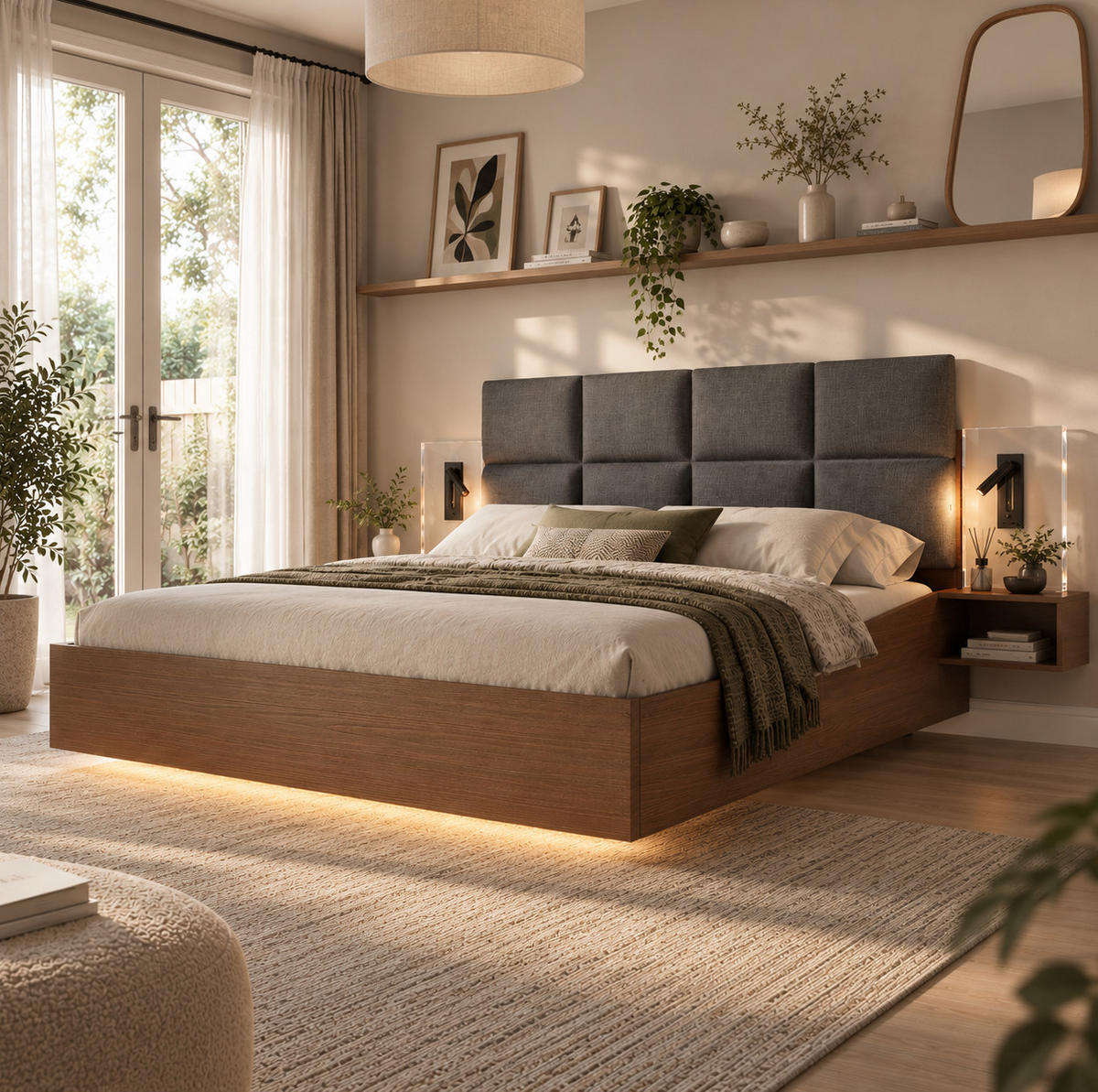 POLSTERBETT 180x200 cm Walnuss/Grau mit Leinen-Kopfteil, LED, USB-Anschlüssen und Nachttischen - Grau, Textil (180/200cm) - Modfu