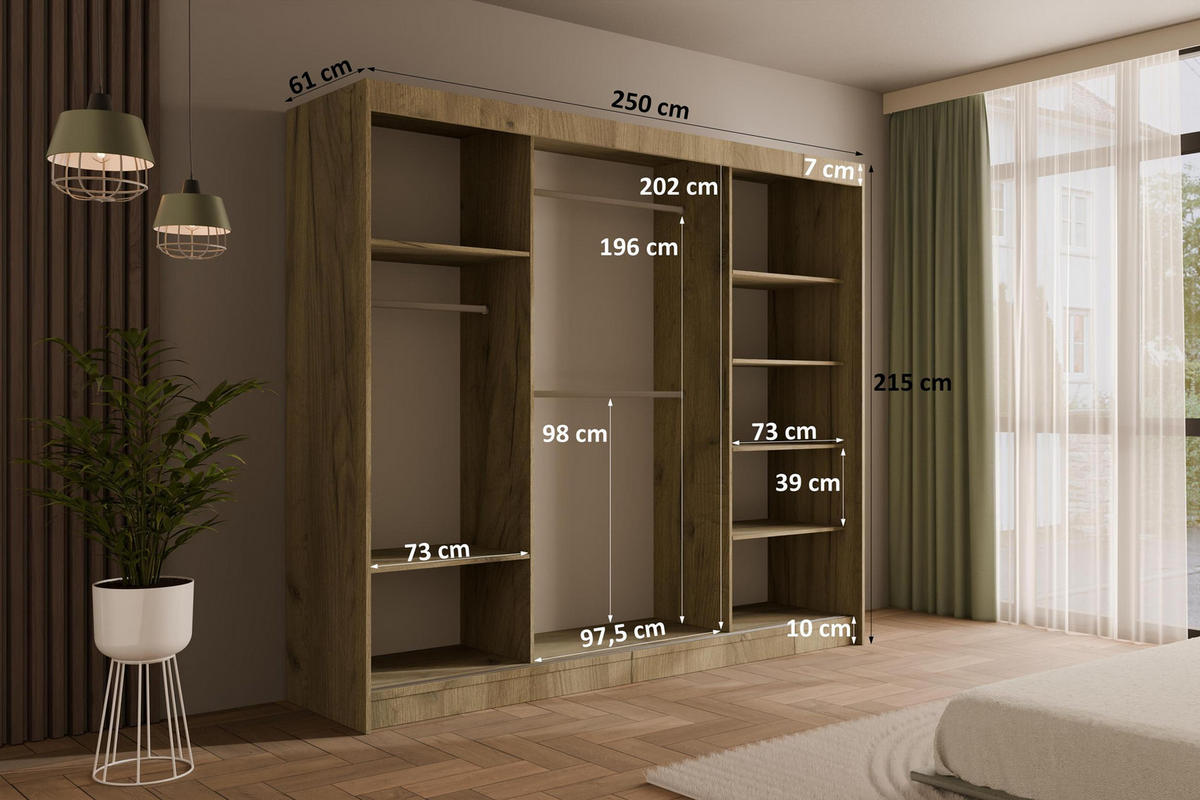 KLEIDERSCHRANK PAOKI - 250 cm - Braun - Braun, Holzwerkstoff (250/215/61cm) - ALTDECOR