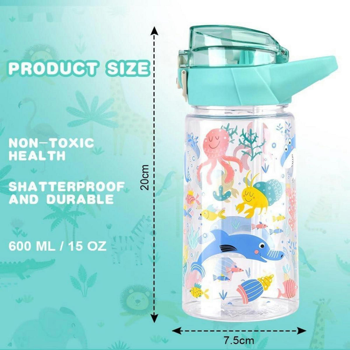 KINDER-TRINKFLASCHE mit Strohhalm 500 ml Cyan Meerestier - Multicolor, Kunststoff (19/19cm)