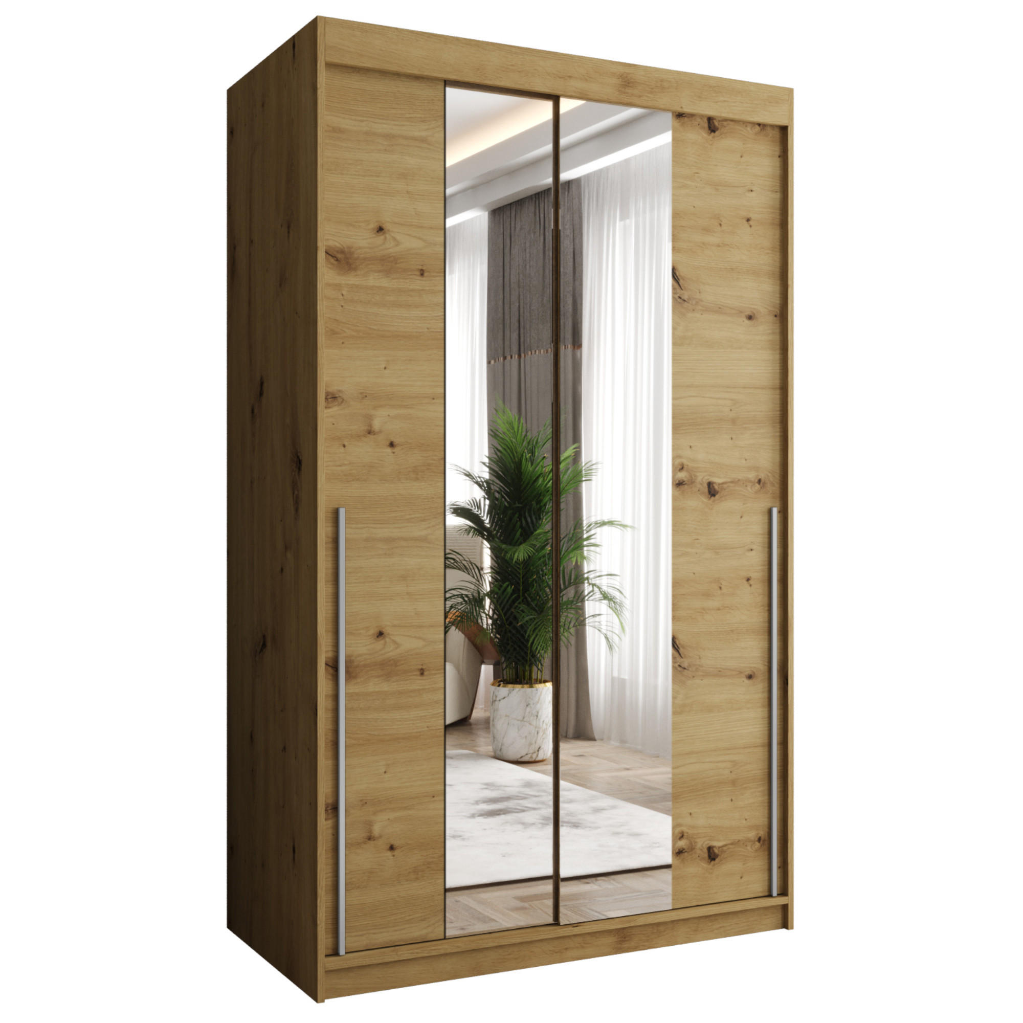 SCHIEBETÜRENSCHRANK mit Spiegel 120 cm Breite Artisan mit silbernem Griff - Silberfarben/Eiche Artisan, Holzwerkstoff (120/200/62cm) - Home Collective