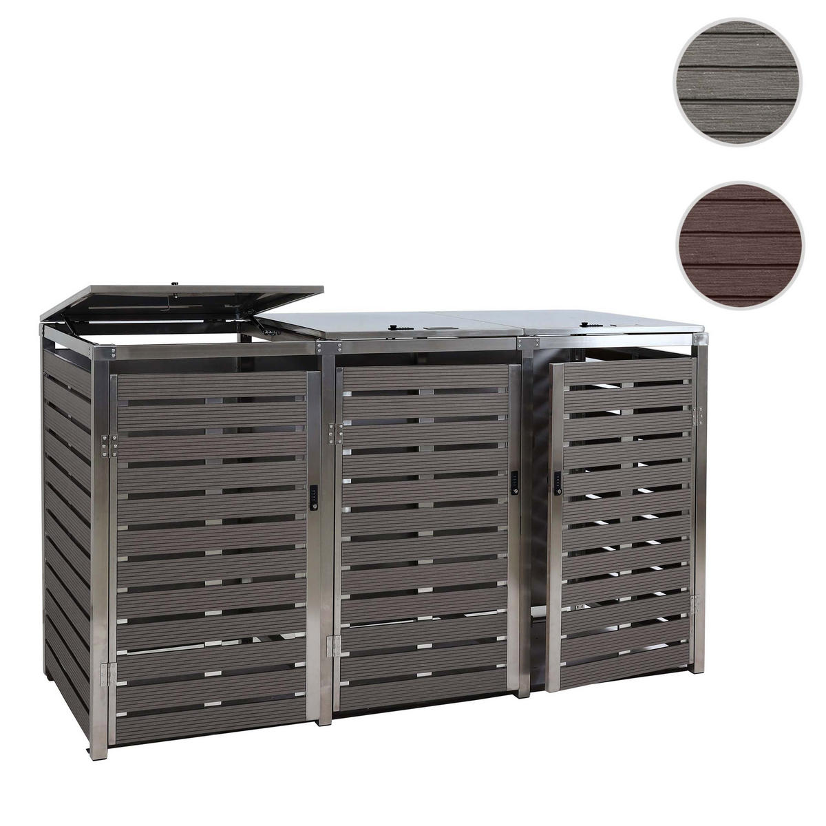 MÜLLTONNENBOX 3er HxBxT 120x200x85cm Walnuss-Holzoptik WPC Edelstahl 104kg - Braun, Metall (200/120/85cm) - PROREGAL