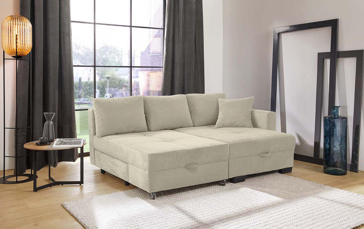 ECKSOFA Doppelbett mit Bettkasten, seitenverkehrt montierbar B247/T155/H87 cm, Liegefläche 183x207 cm, Cord Beige Grau / 15215 - Greige/Beige, Kunststoff/Textil (247/155cm) - luma-home