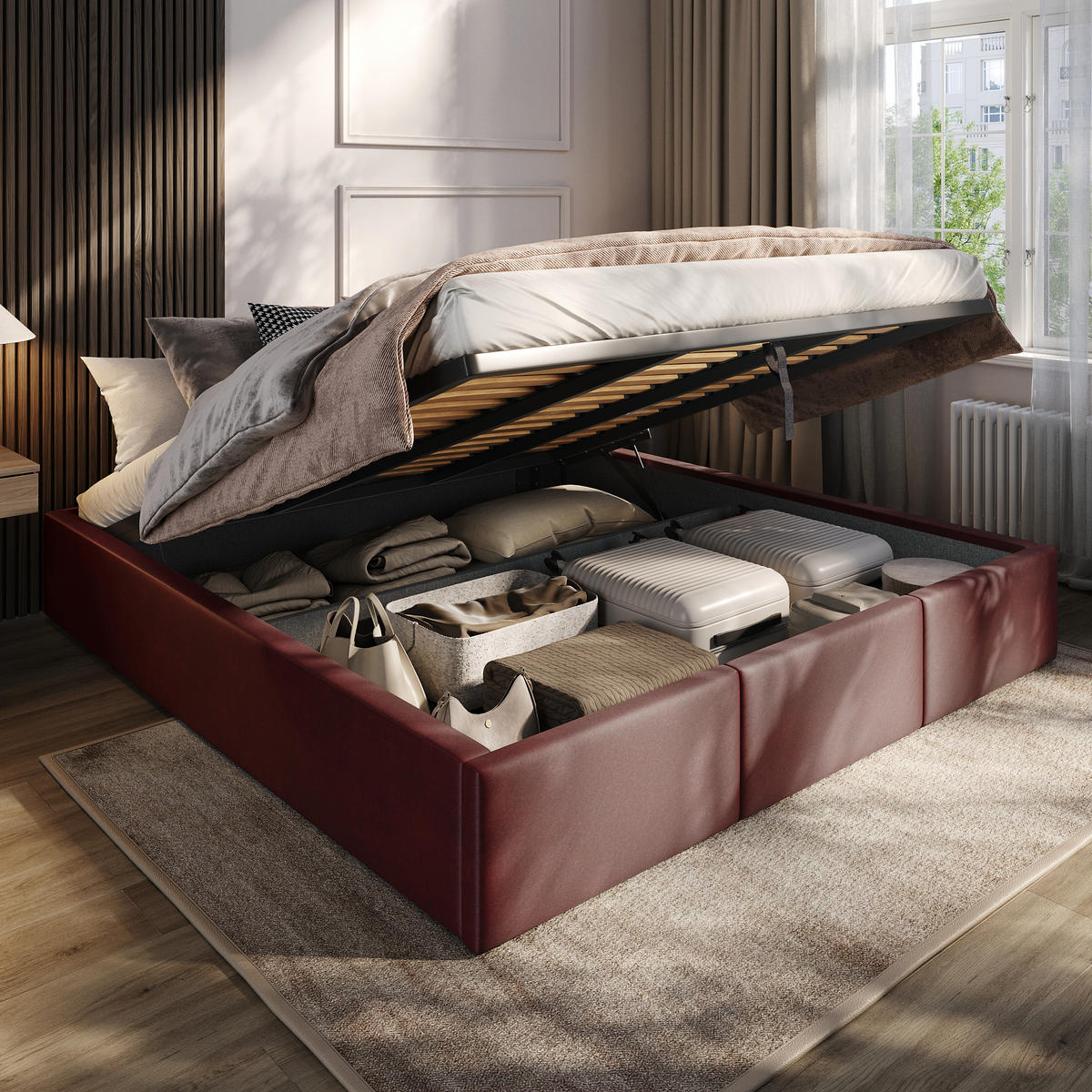POLSTERBETT für Schlafzimmer Bett mit Stauraum Weinrot 180x200cm - Weinrot, Holzwerkstoff/Textil (180/200cm) - Muralo
