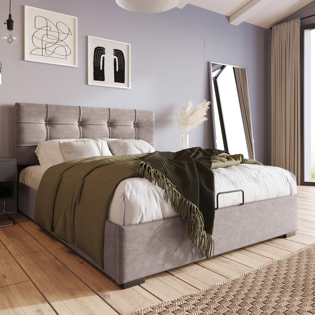 ČALÚNENÁ posteľ 90/200 cm svetlosivá s úložným priestorom a nastaviteľným čelom zo zamatu - svetlosivá, textil (90/200cm) - OKWISH
