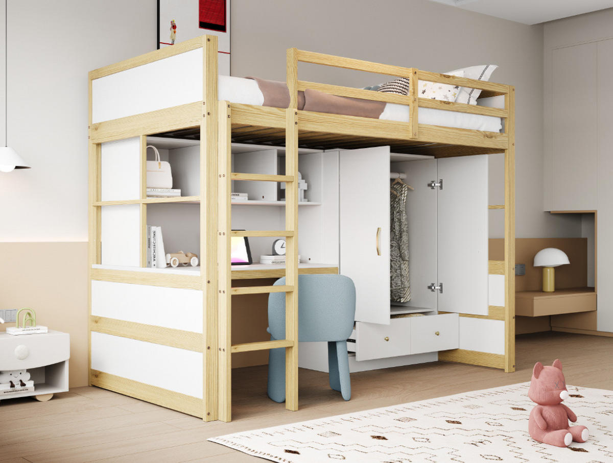 HOCHBETT 90/200 cm in Naturfarbe mit Schreibtisch, Kleiderschrank und Schubladen - Naturfarben, Holz (90/200cm) - Flora Grace