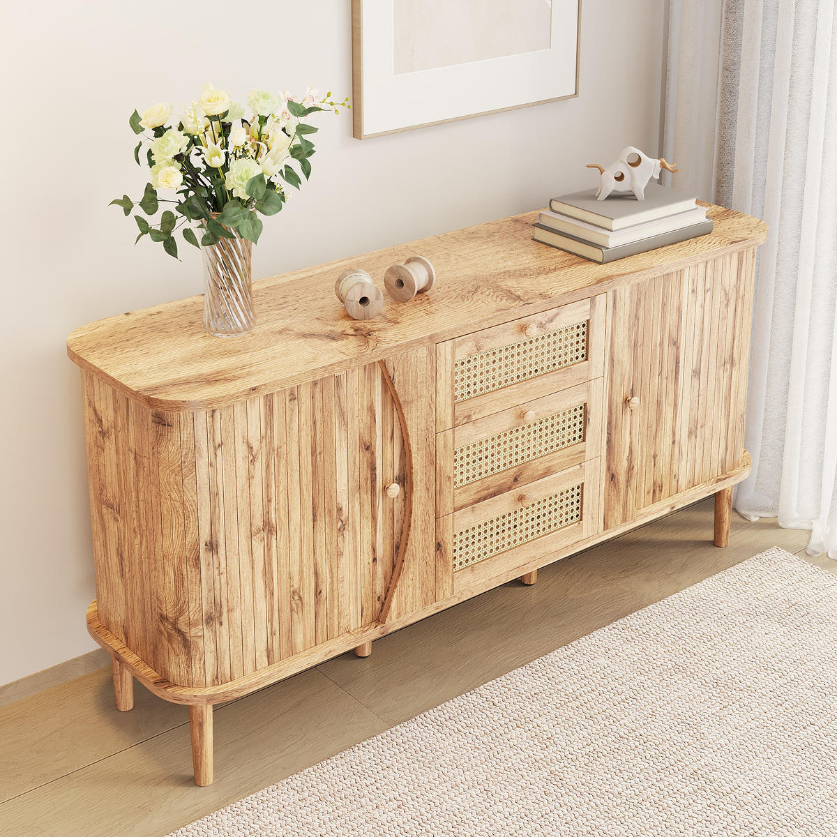 SIDEBOARD Rattan Schiebetüren - Naturfarben, Holzwerkstoff (140.5/76/40cm) - Fortuna Lai