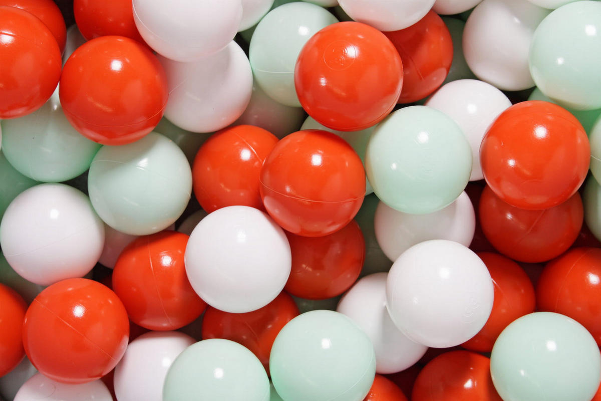 BÄLLE für Bällebad, Spielbälle, Plastikbälle für Kinder Set 50 pcs.: Orange/Mint/Weiß - Pastellgrün, Textil (7/7/7cm) - MeowBaby