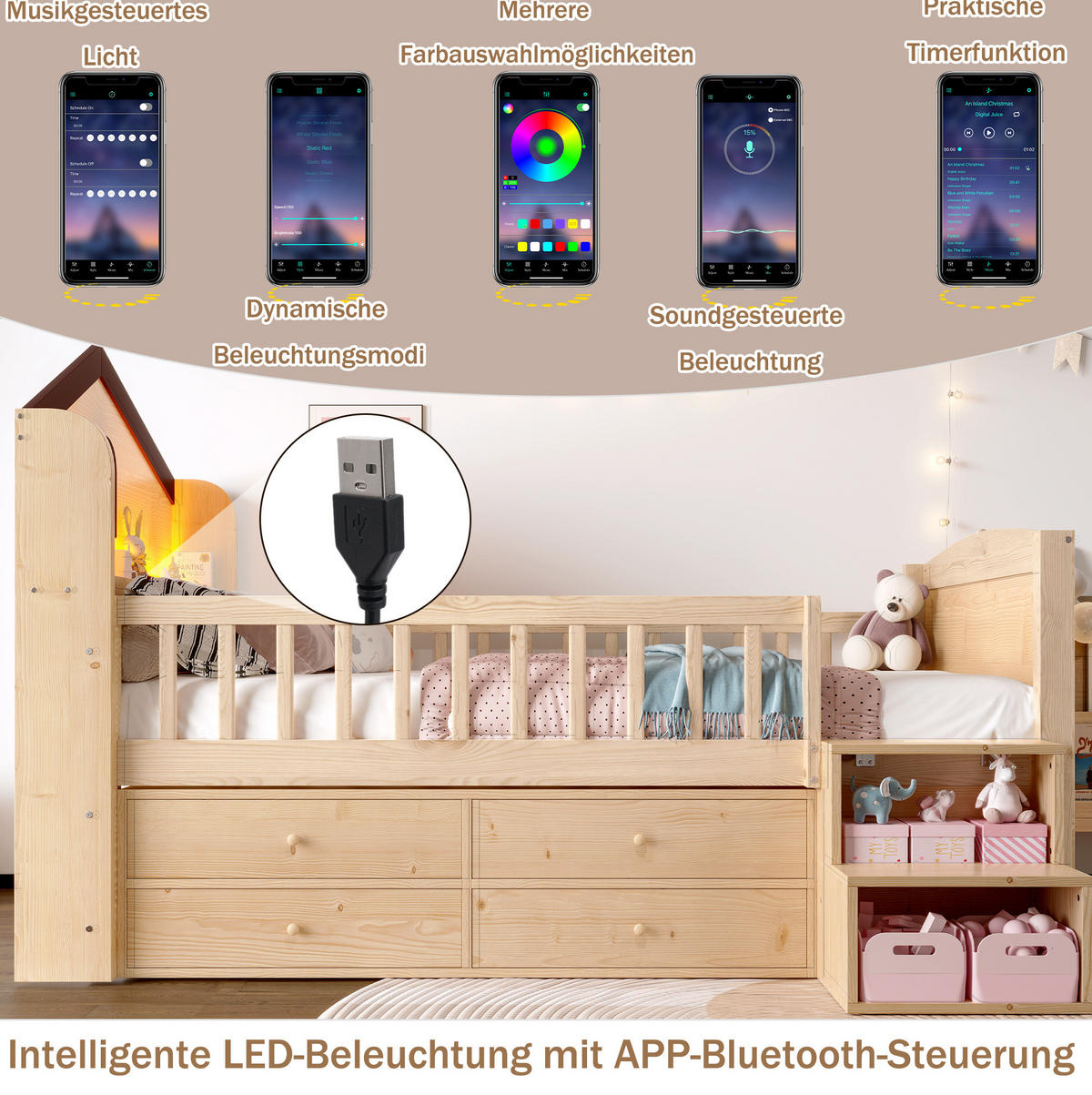 HALBHOHES Kinderbett 90/200 cm aus Kiefernholz mit LED-Beleuchtung, 4 Schubladen und Regalleiter, Weiß/Natur - Naturfarben, Holzwerkstoff (90/200cm) - Redom