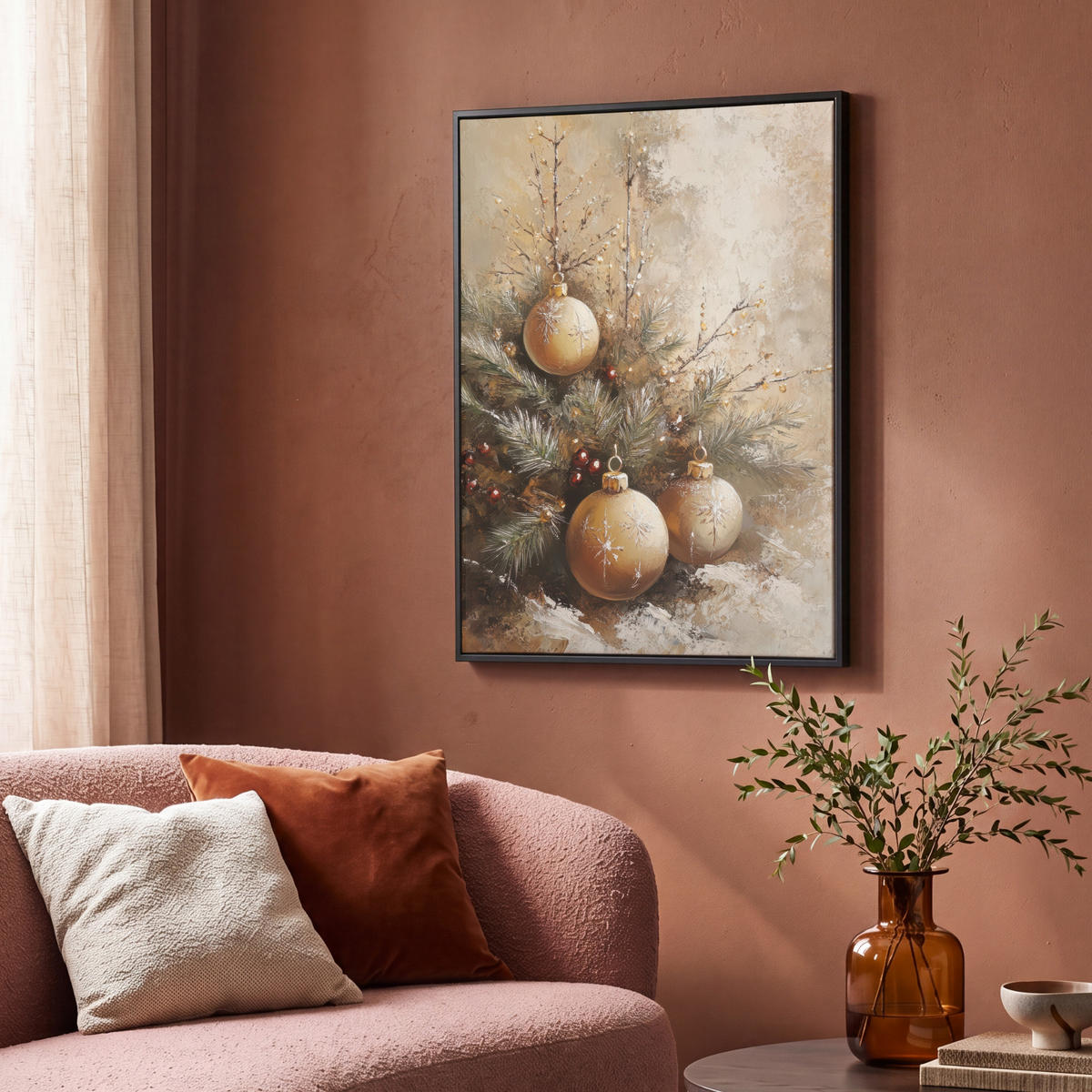 LEINWAND Bilder mit Rahmen - Weihnachten - Kugeln - Beige - Gold - 70x100 - Goldfarben, Textil (70/100cm) - MuchoWow